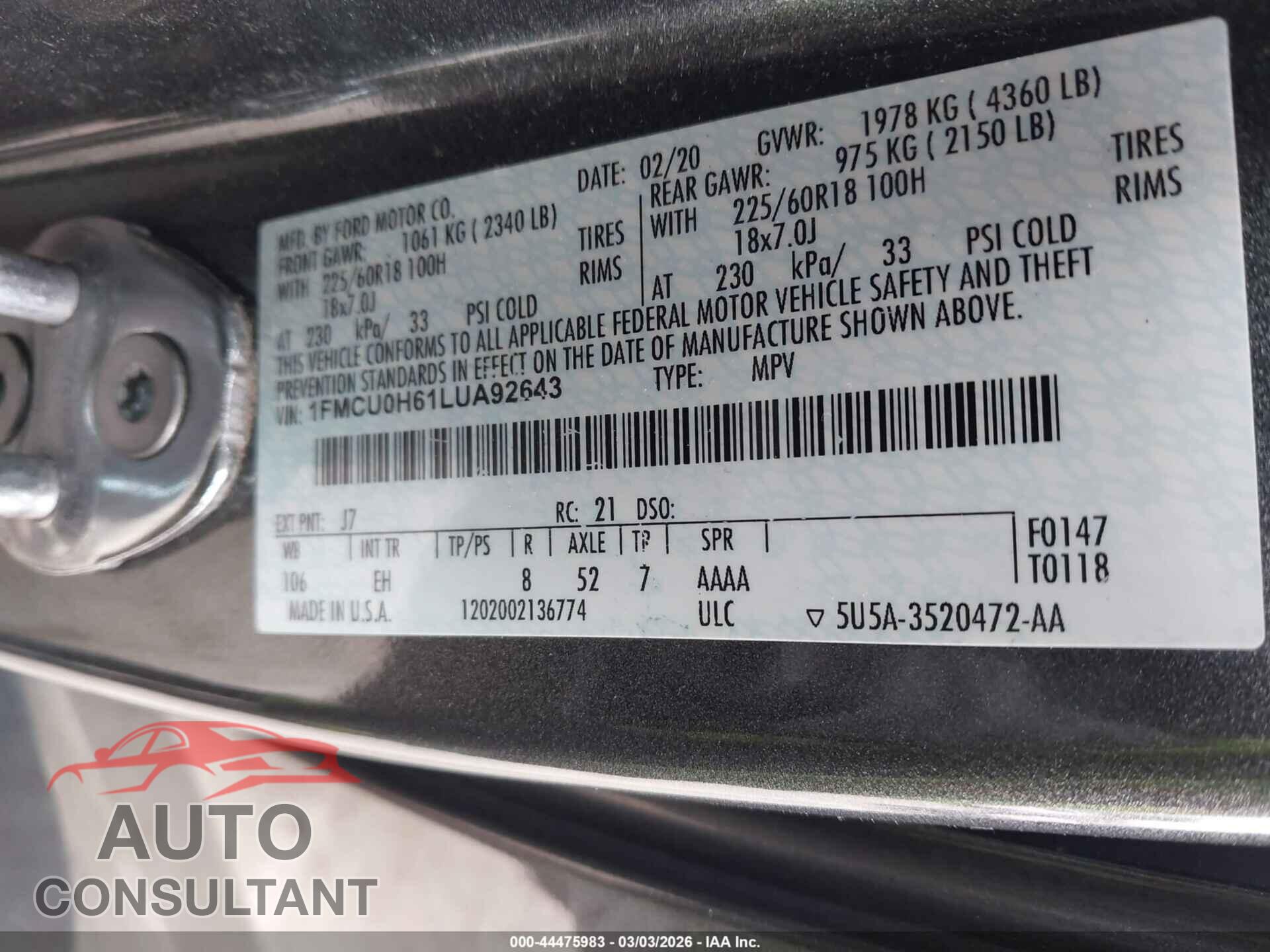 FORD ESCAPE 2020 - 1FMCU0H61LUA92643