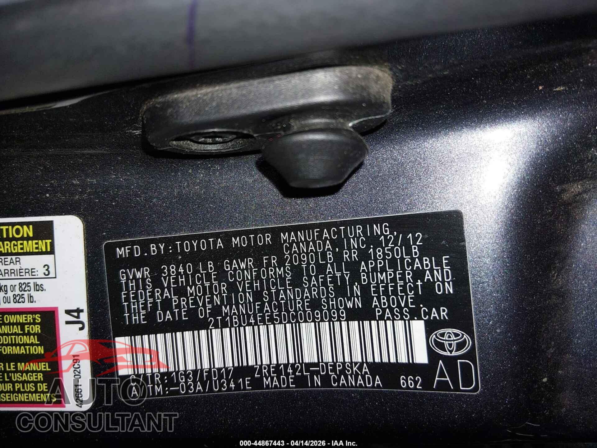 TOYOTA COROLLA 2013 - 2T1BU4EE5DC009099