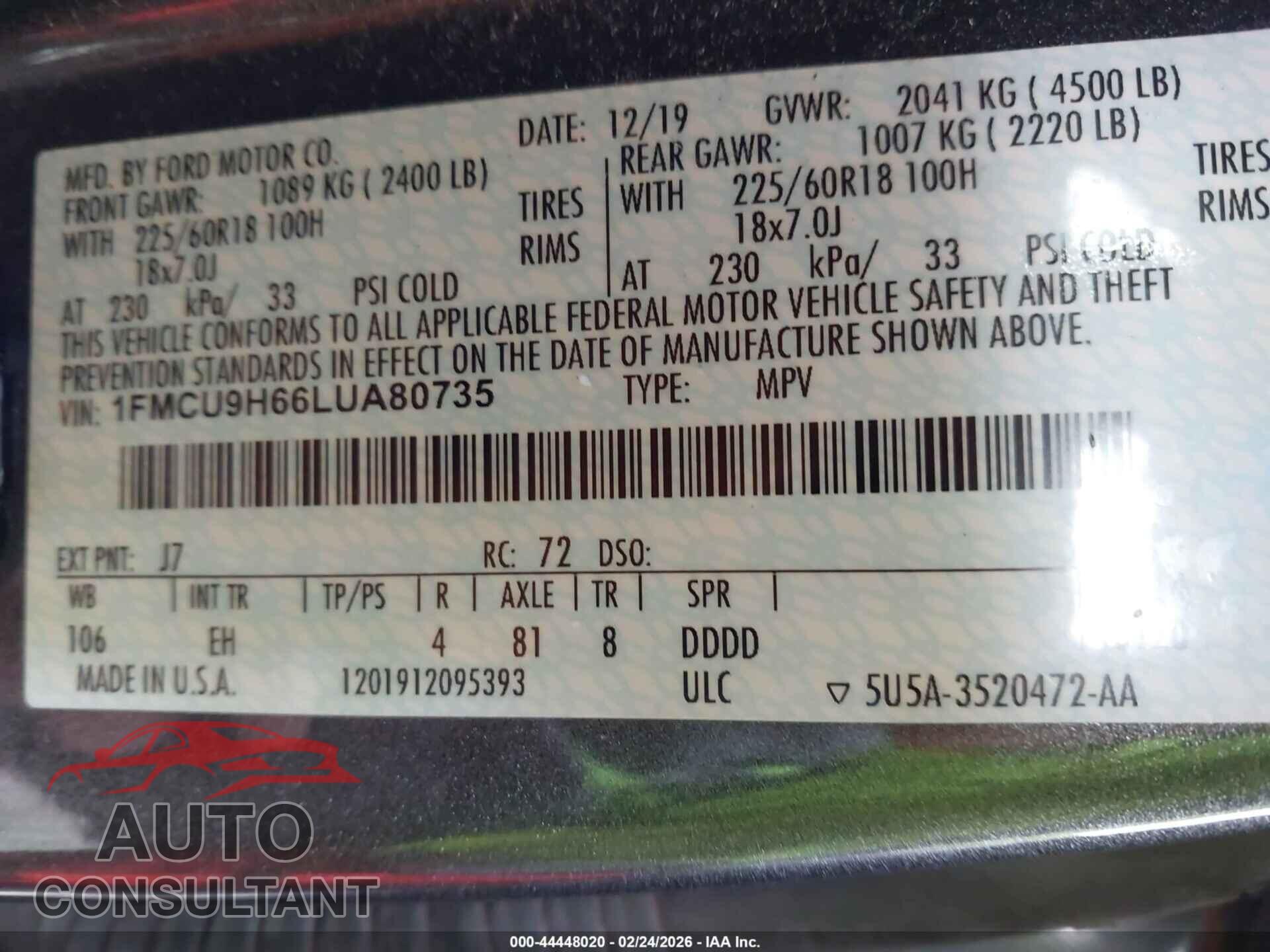 FORD ESCAPE 2020 - 1FMCU9H66LUA80735