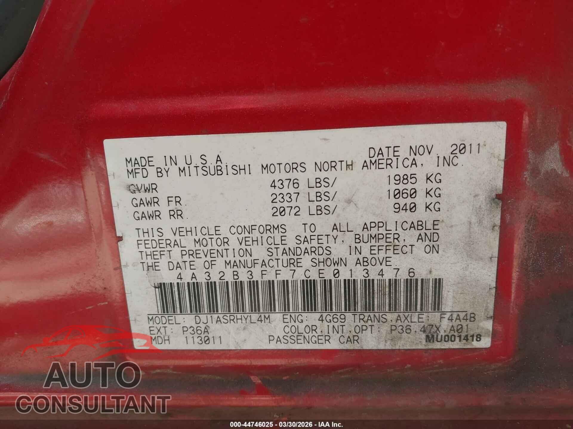 MITSUBISHI GALANT 2012 - 4A32B3FF7CE013476