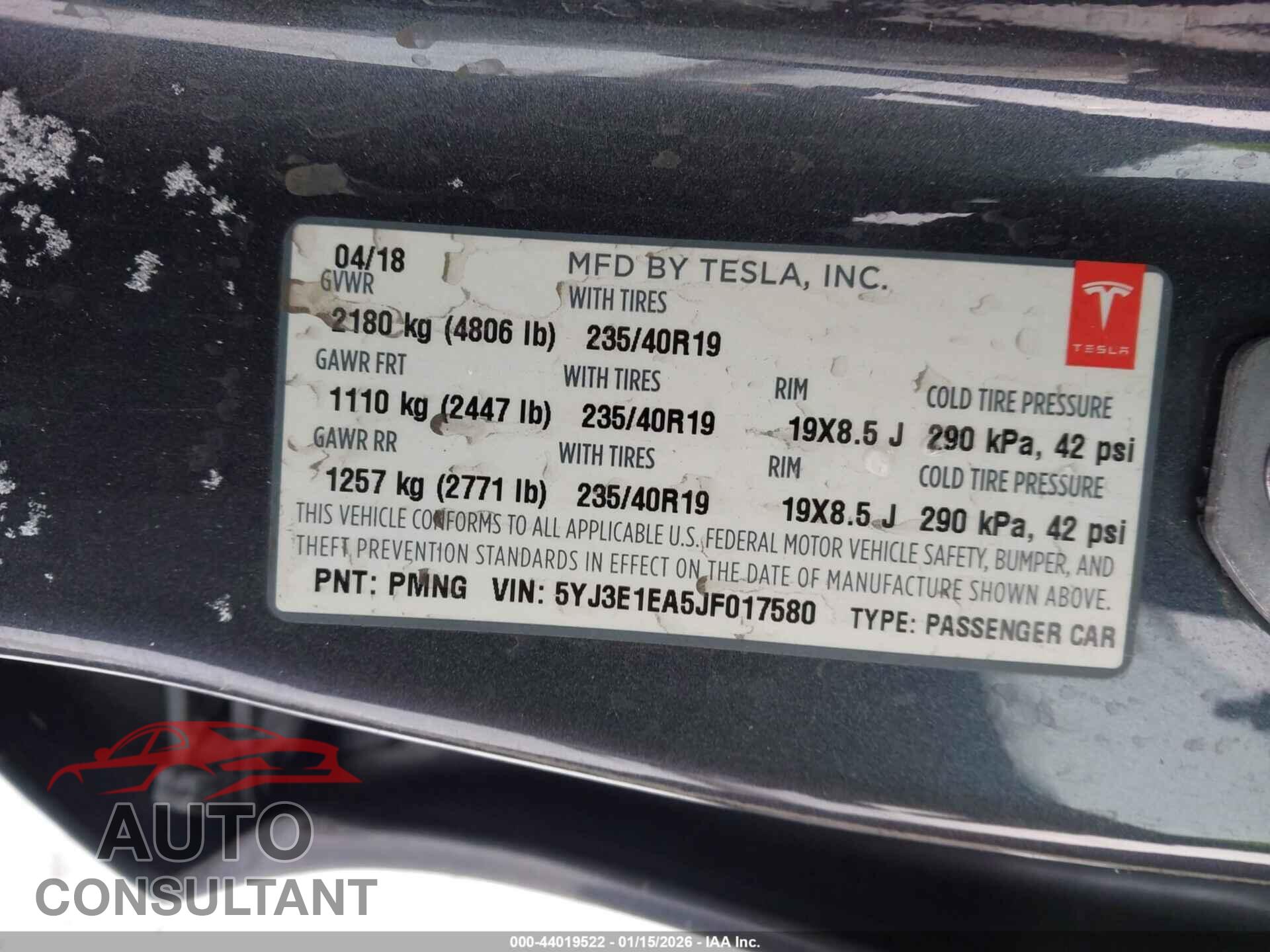 TESLA MODEL 3 2018 - 5YJ3E1EA5JF017580