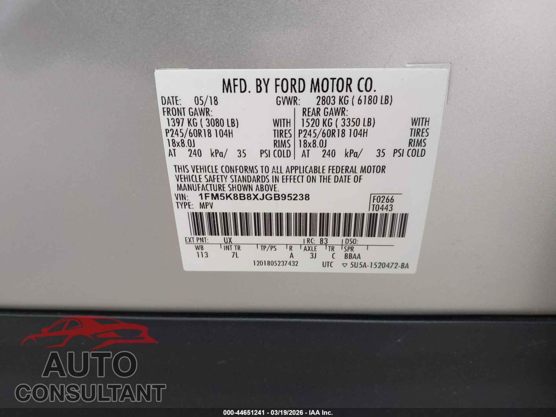 FORD EXPLORER 2018 - 1FM5K8B8XJGB95238
