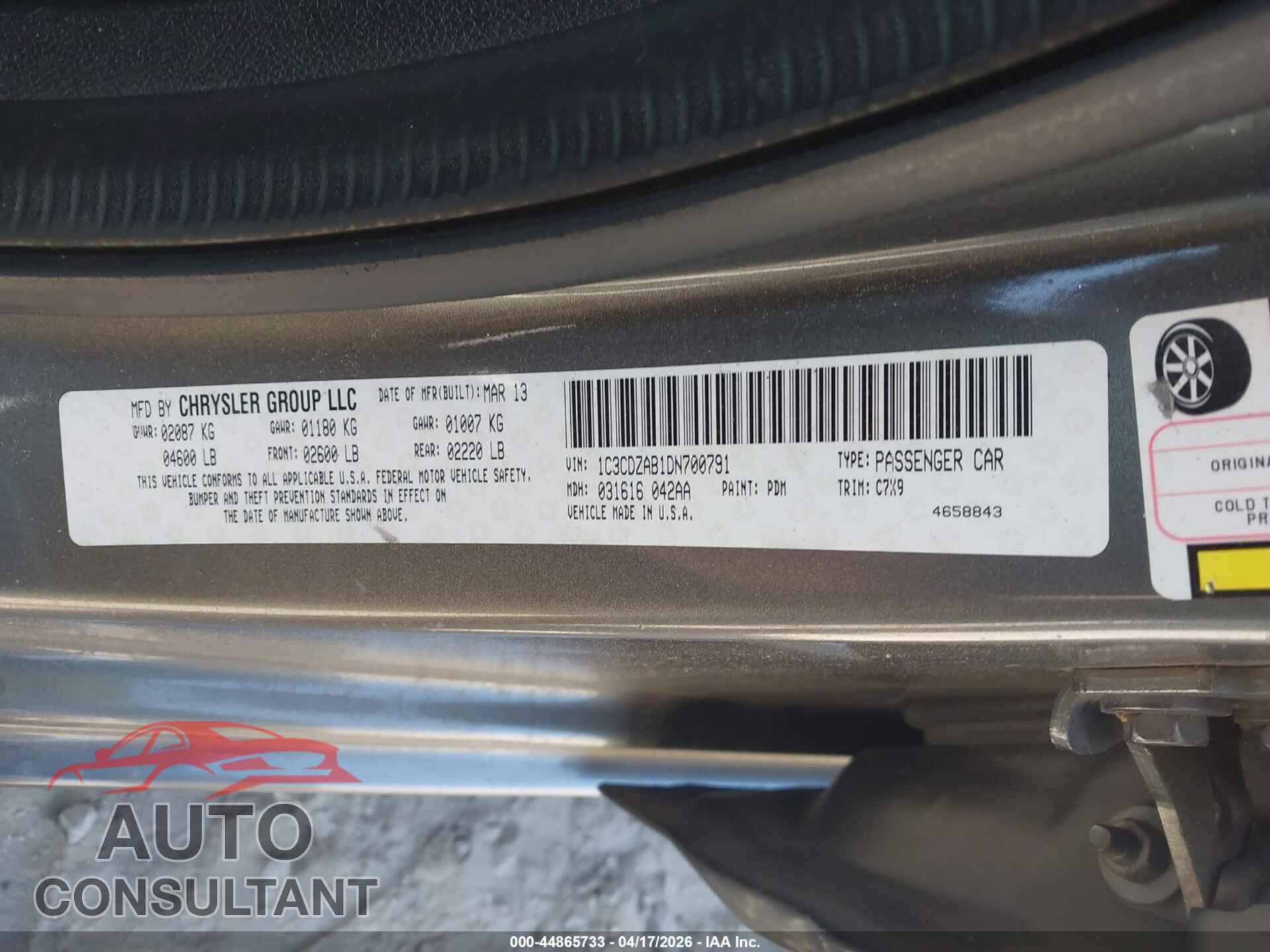 DODGE AVENGER 2013 - 1C3CDZAB1DN700791