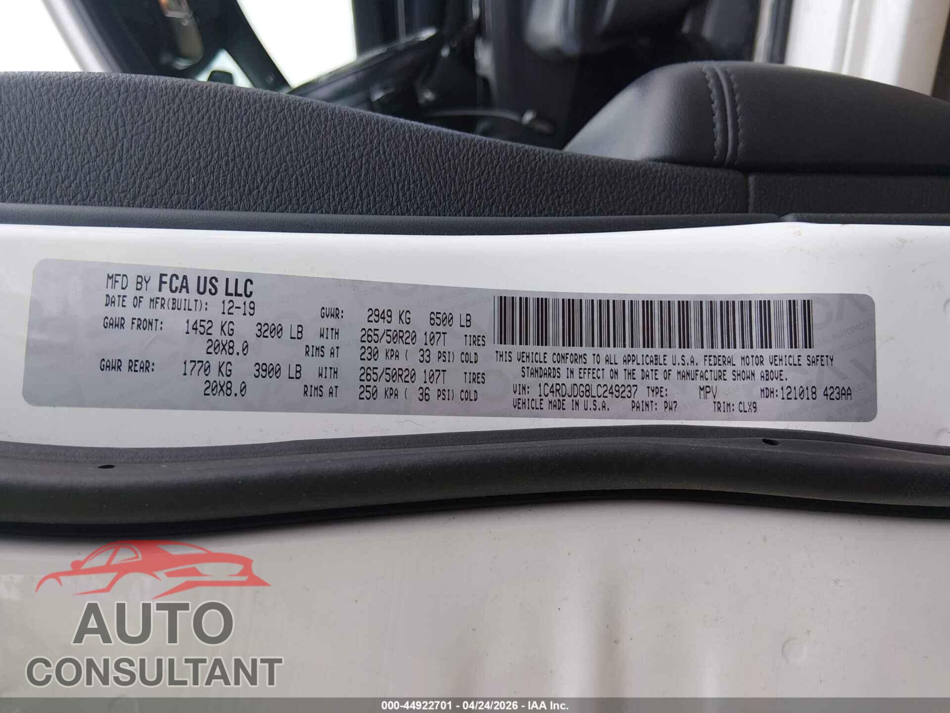 DODGE DURANGO 2020 - 1C4RDJDG8LC249237