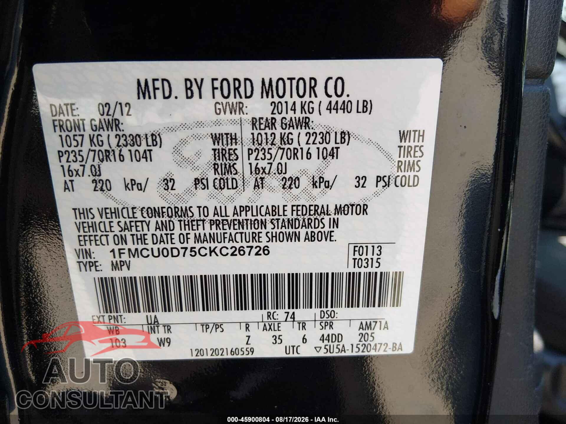 FORD ESCAPE 2012 - 1FMCU0D75CKC26726