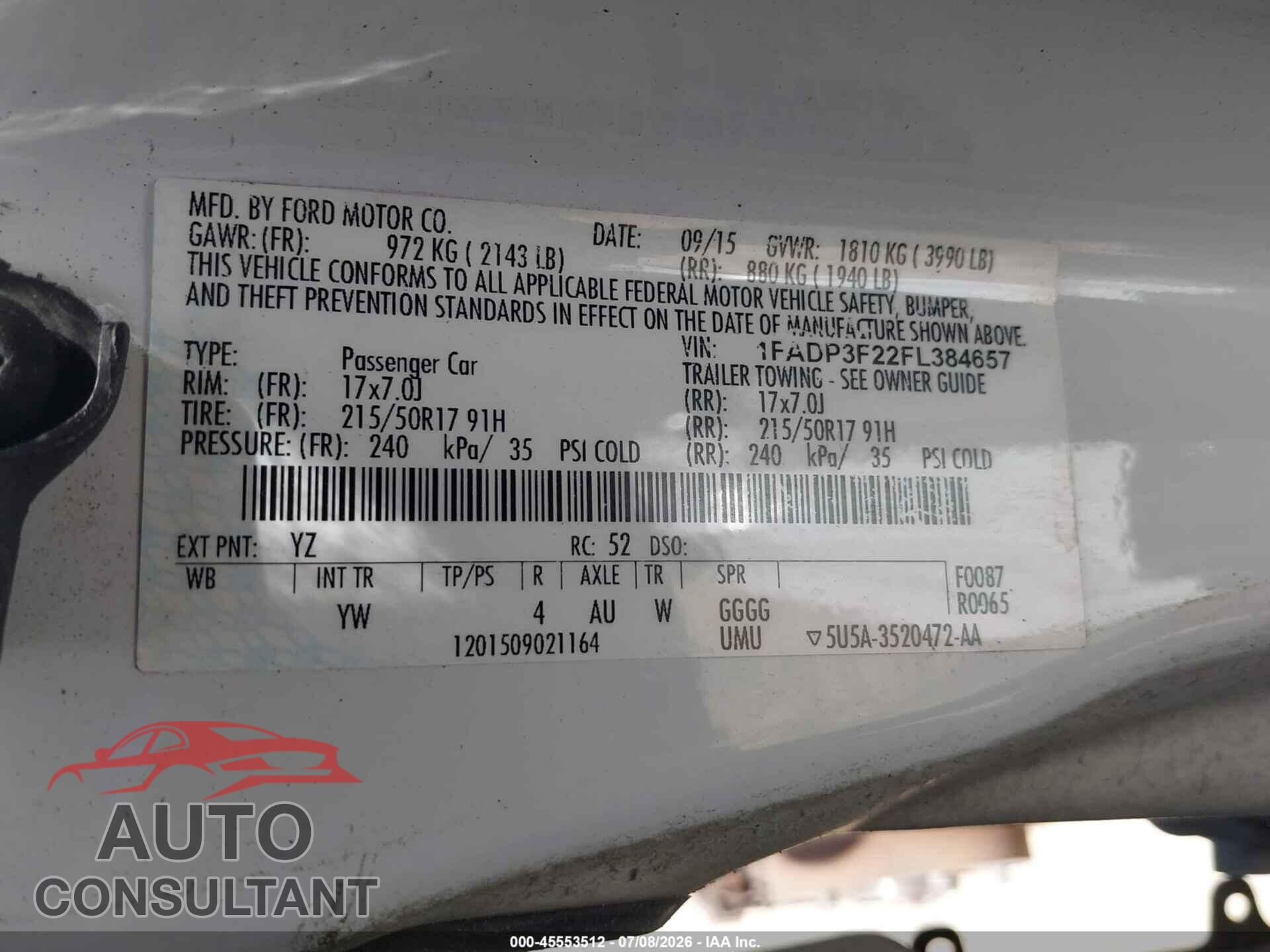 FORD FOCUS 2015 - 1FADP3F22FL384657