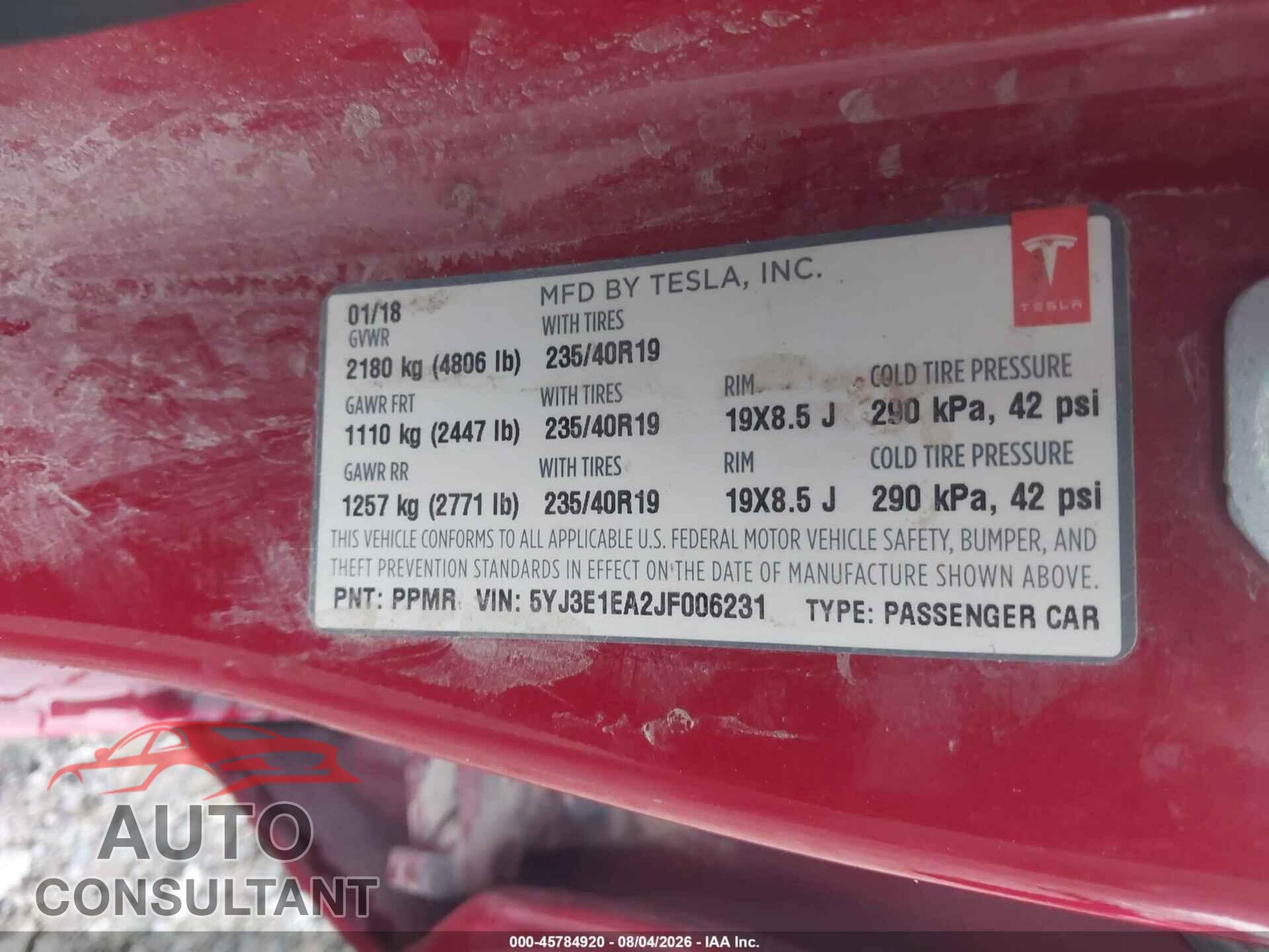 TESLA MODEL 3 2018 - 5YJ3E1EA2JF006231