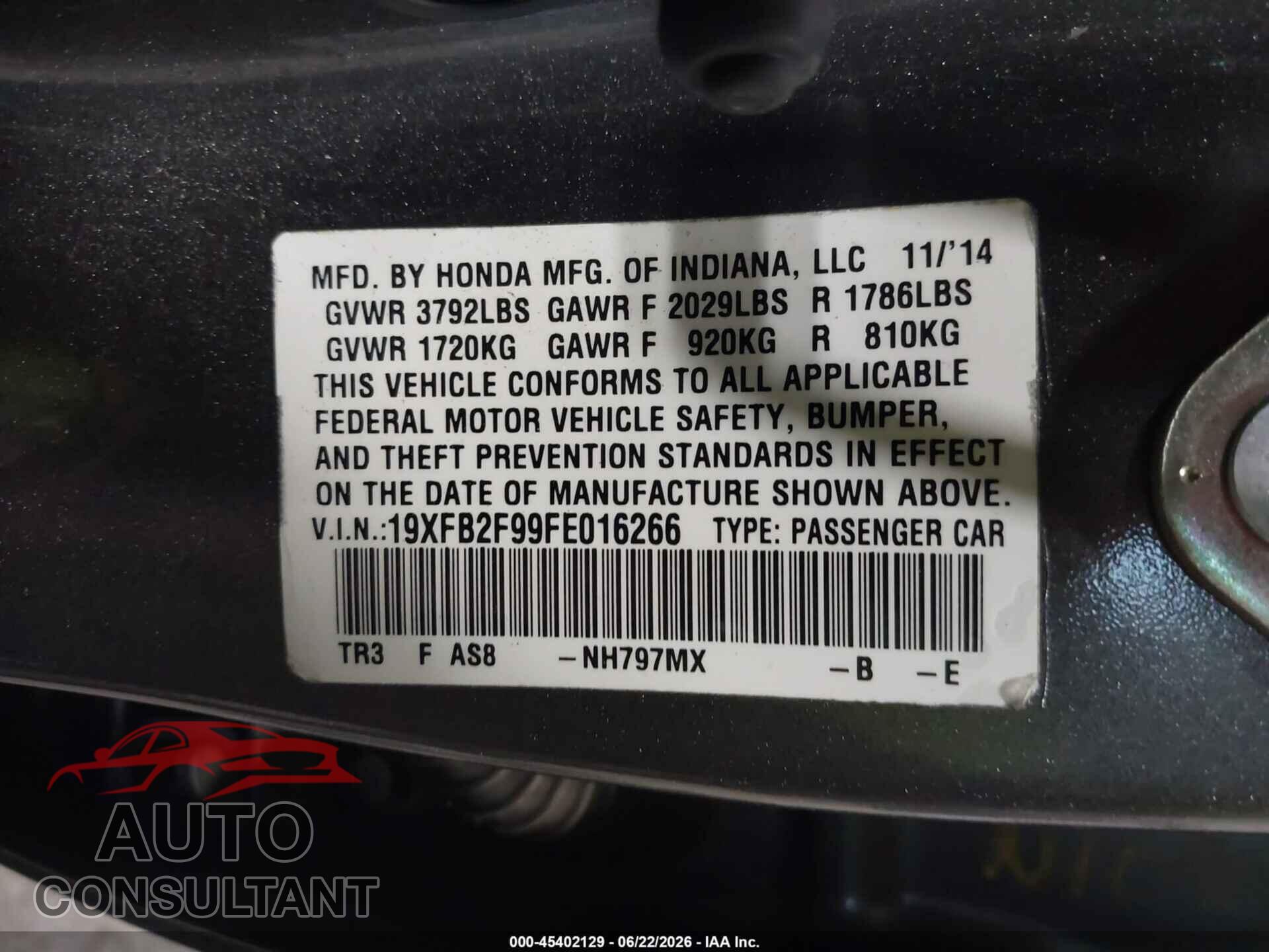 HONDA CIVIC 2015 - 19XFB2F99FE016266