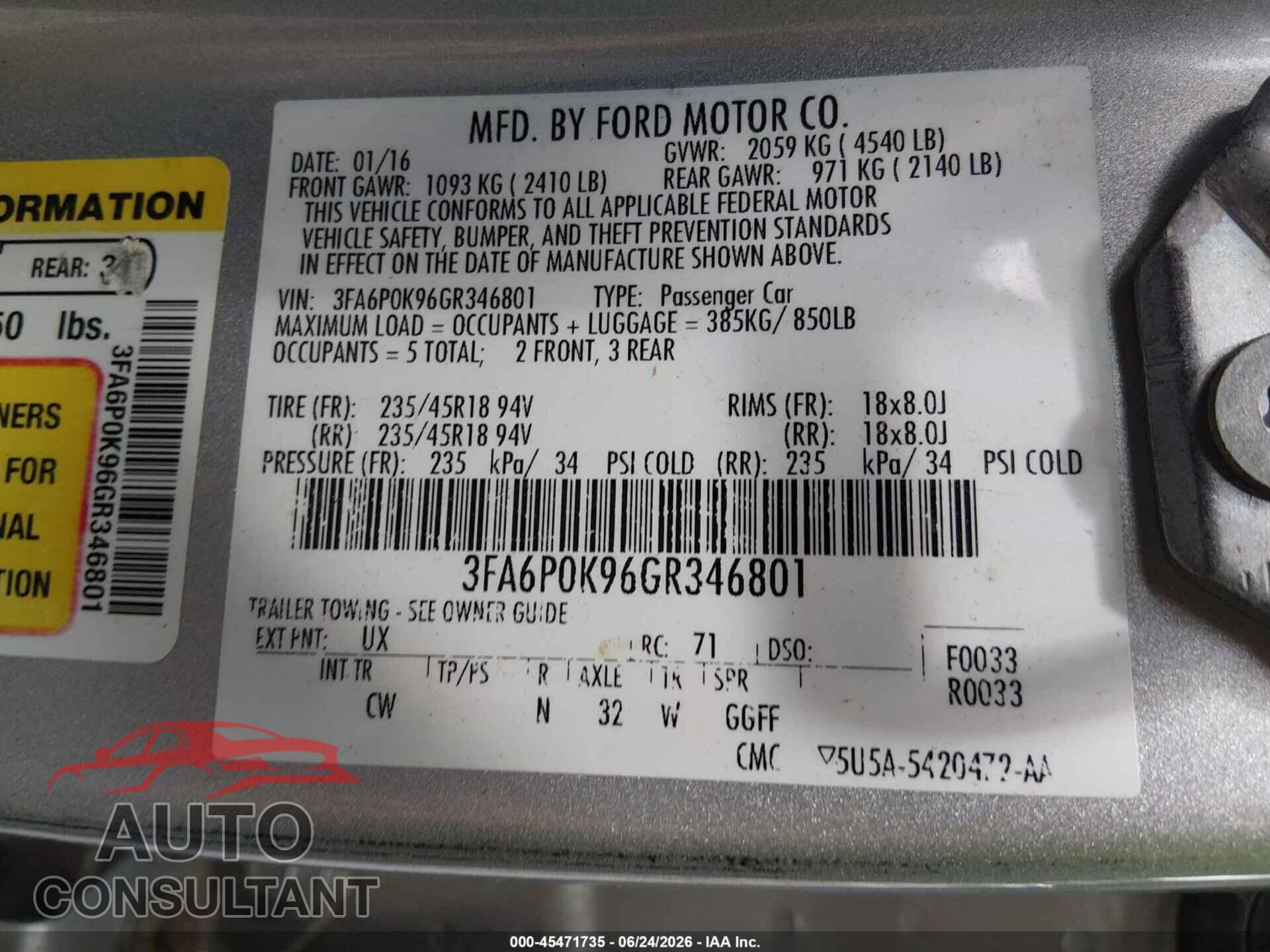 FORD FUSION 2016 - 3FA6P0K96GR346801