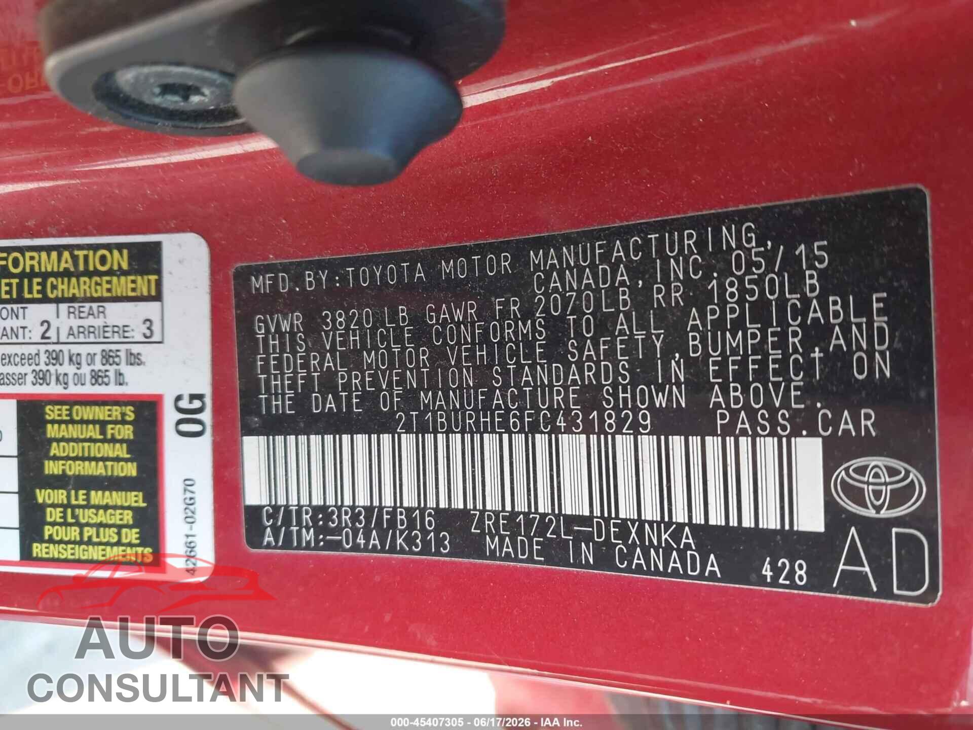 TOYOTA COROLLA 2015 - 2T1BURHE6FC431829
