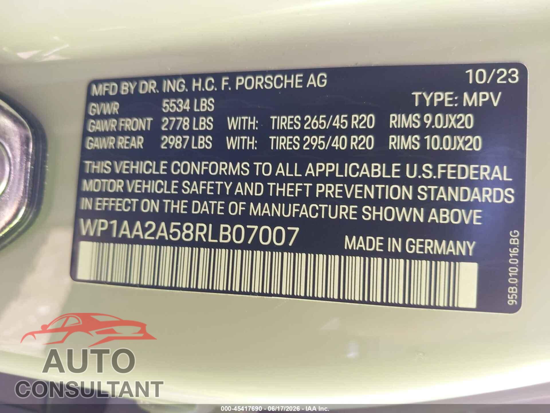 PORSCHE MACAN 2024 - WP1AA2A58RLB07007