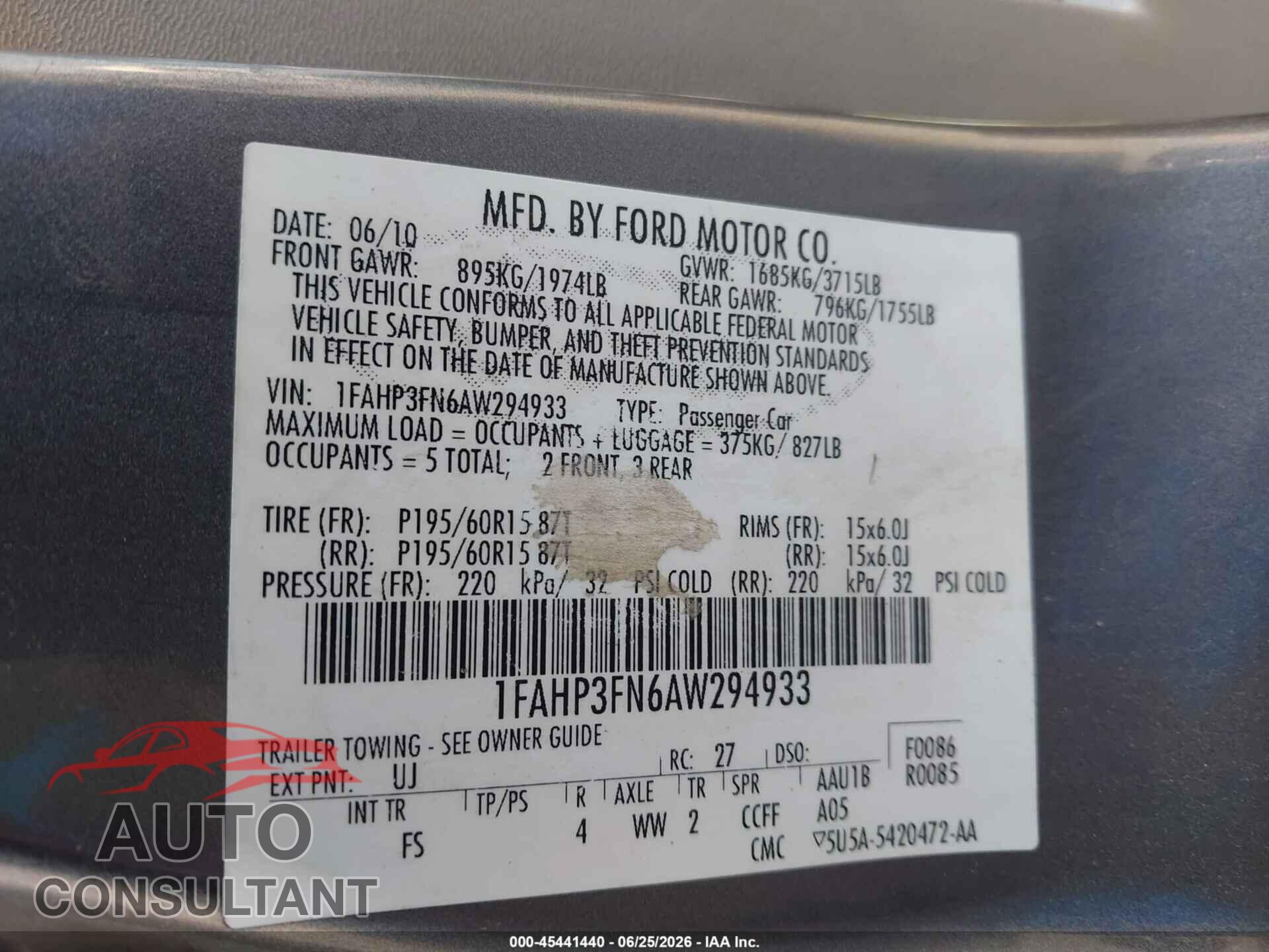 FORD FOCUS 2010 - 1FAHP3FN6AW294933
