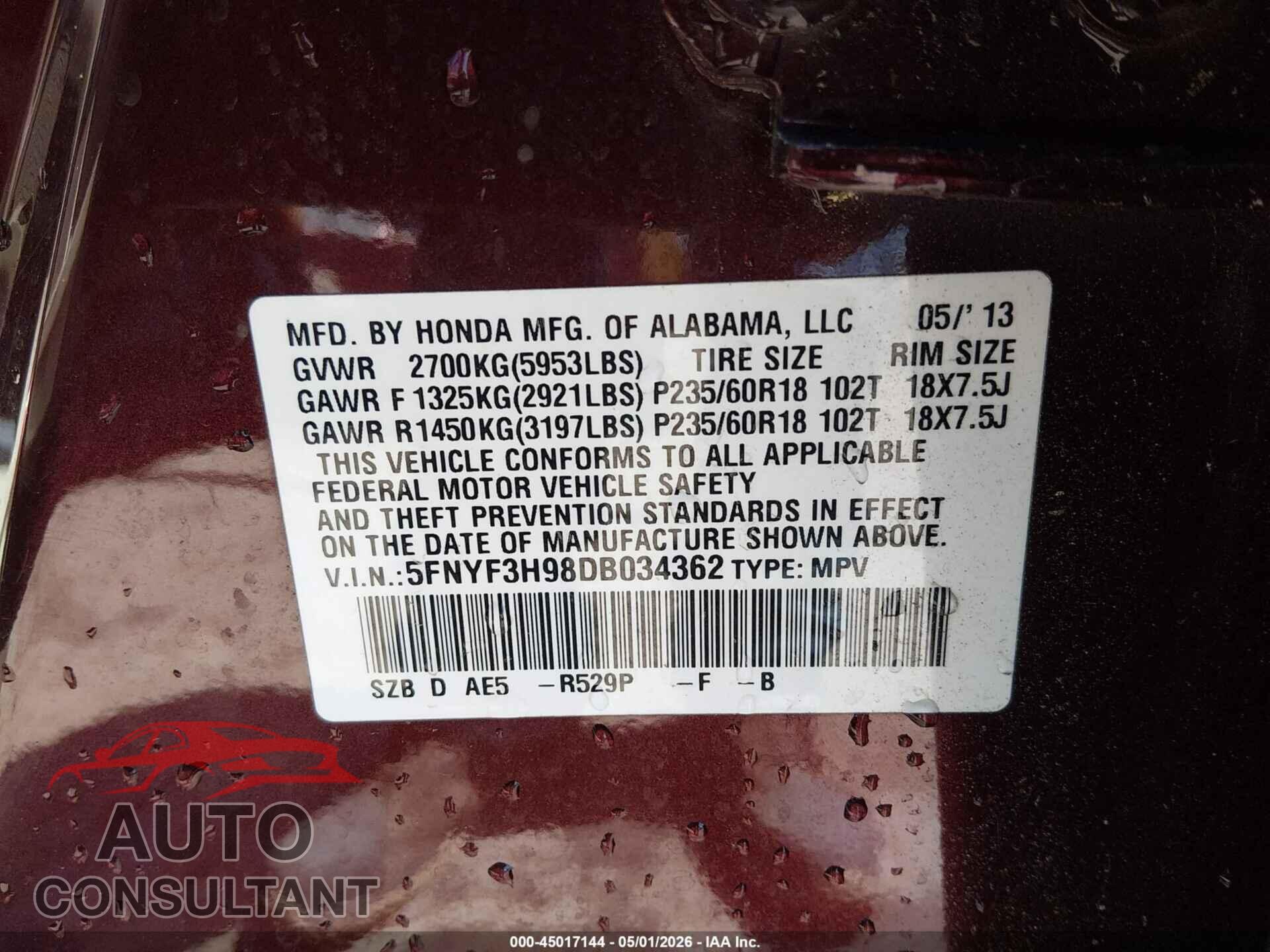 HONDA PILOT 2013 - 5FNYF3H98DB034362