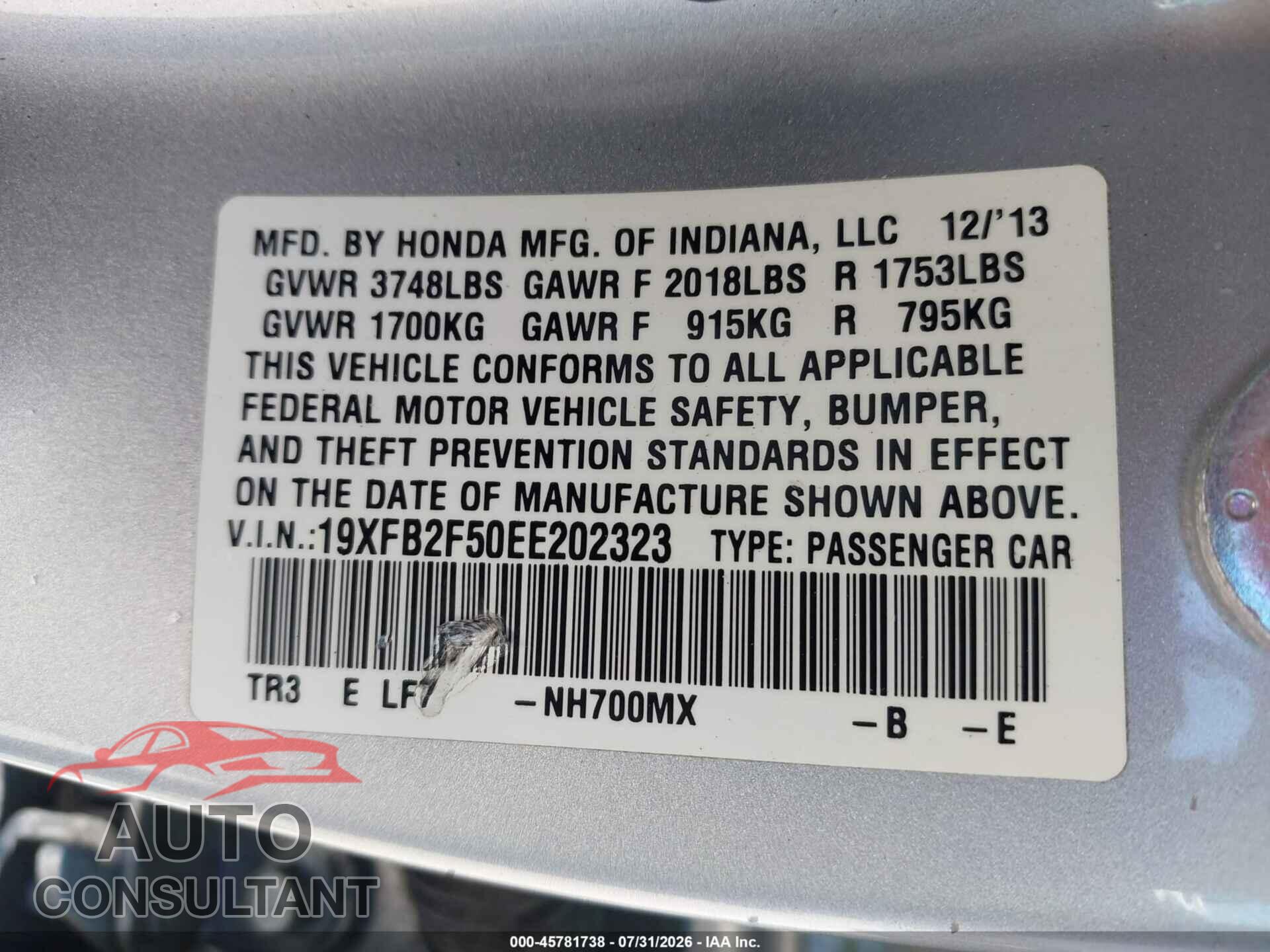 HONDA CIVIC 2014 - 19XFB2F50EE202323