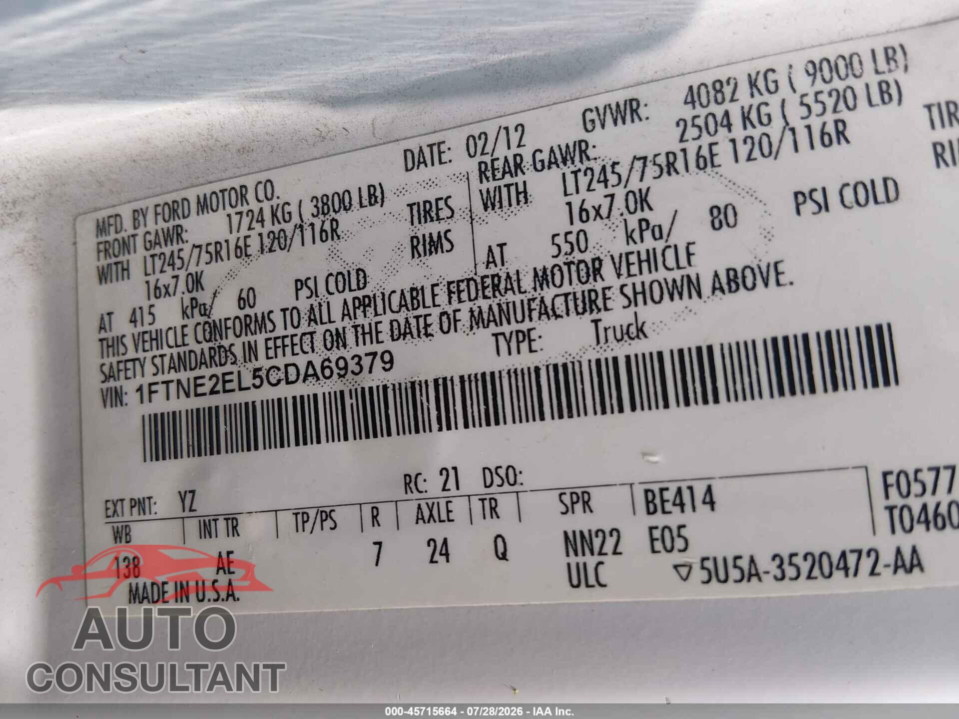FORD E-250 2012 - 1FTNE2EL5CDA69379