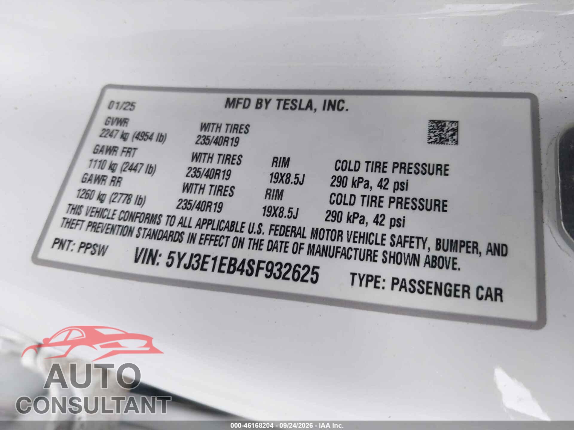 TESLA MODEL 3 2025 - 5YJ3E1EB4SF932625
