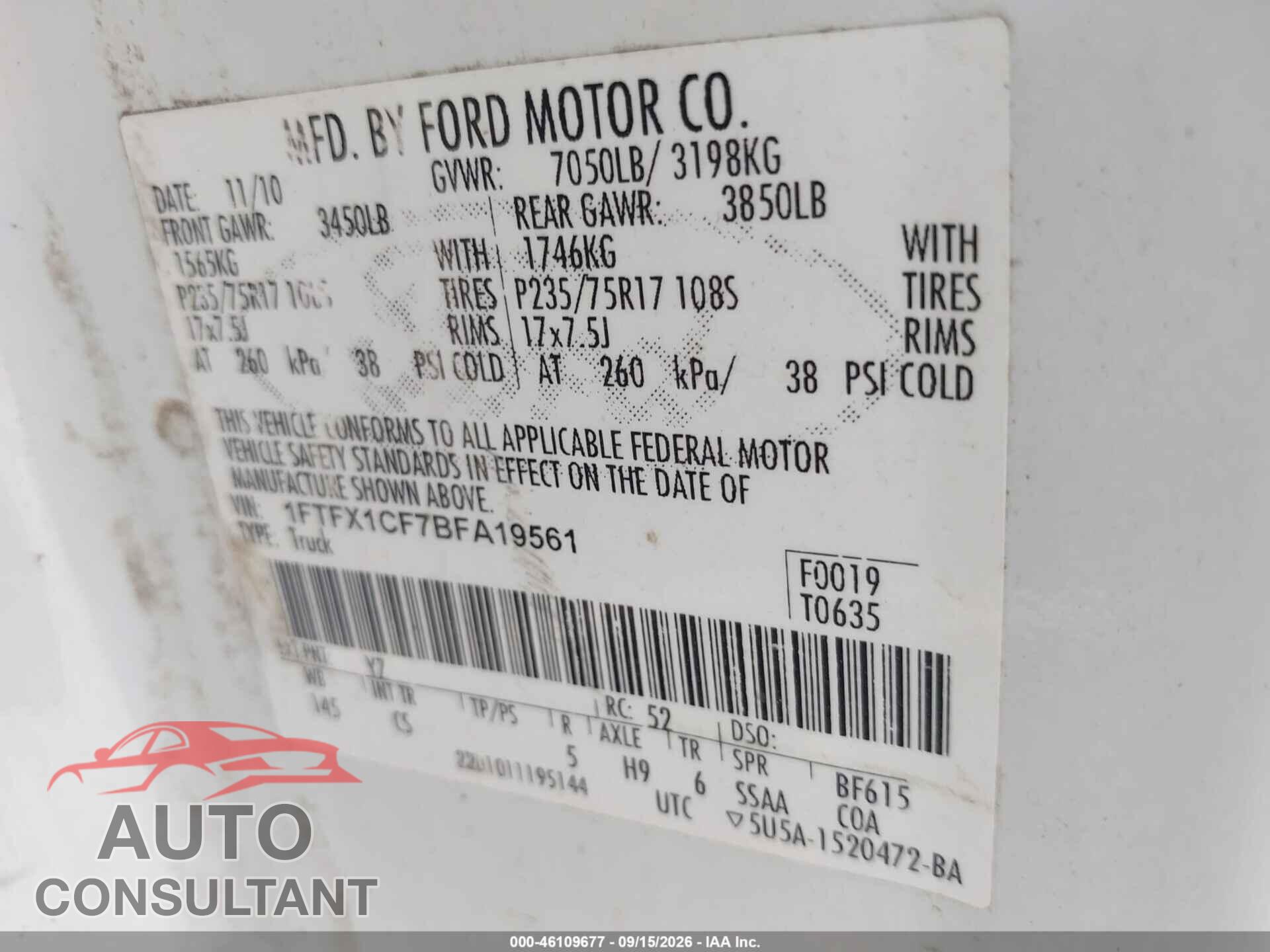 FORD F-150 2011 - 1FTFX1CF7BFA19561