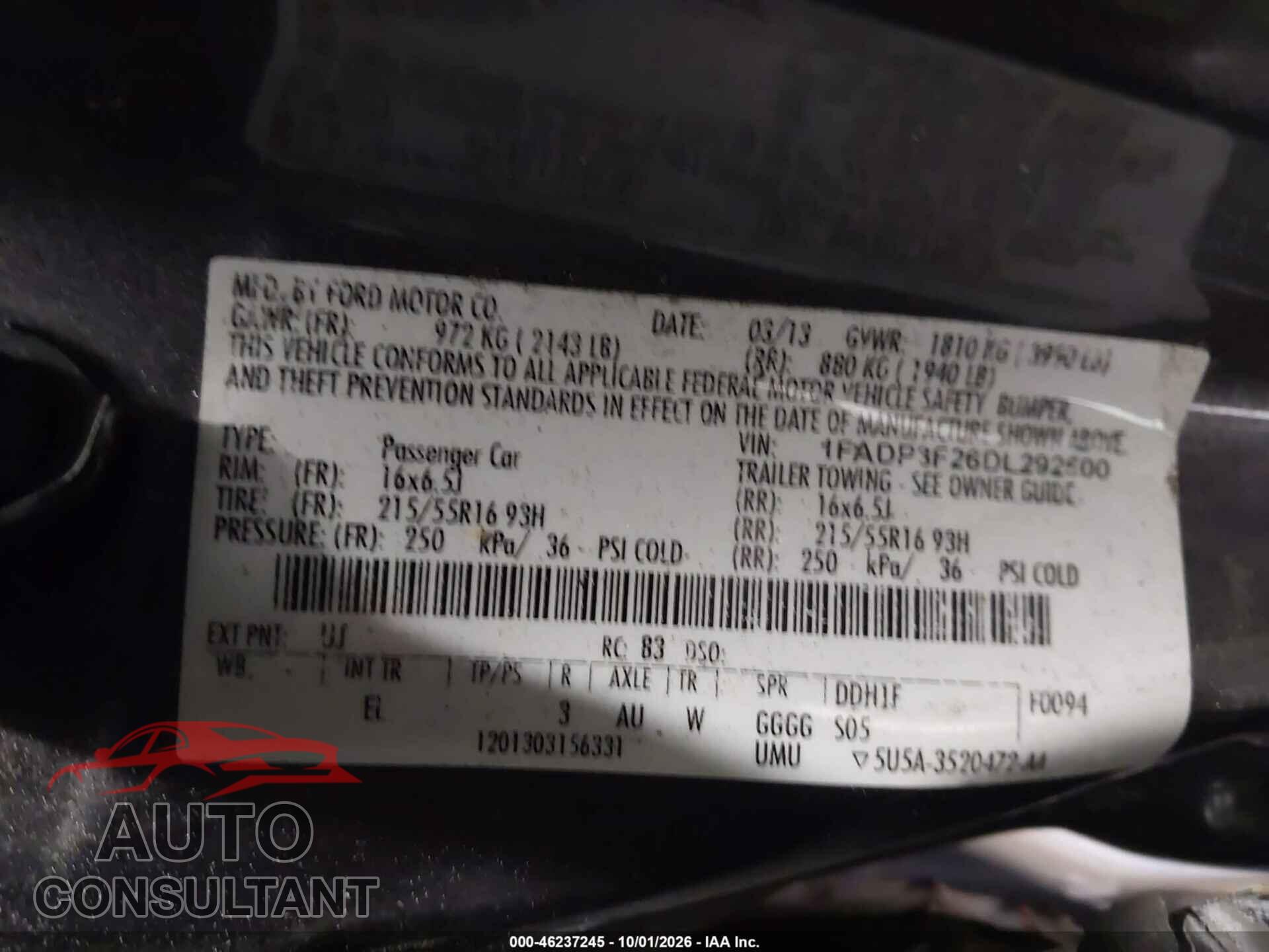 FORD FOCUS 2013 - 1FADP3F26DL292500
