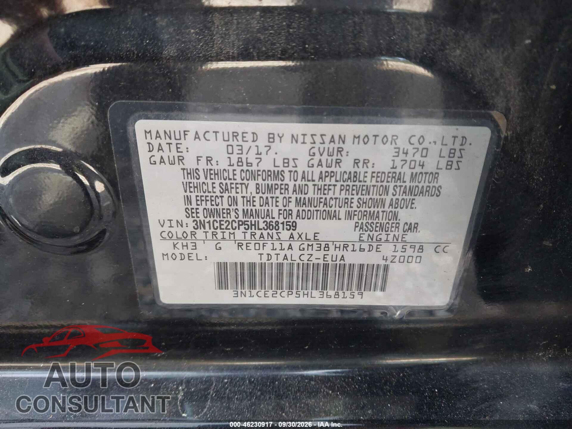 NISSAN VERSA NOTE 2017 - 3N1CE2CP5HL368159