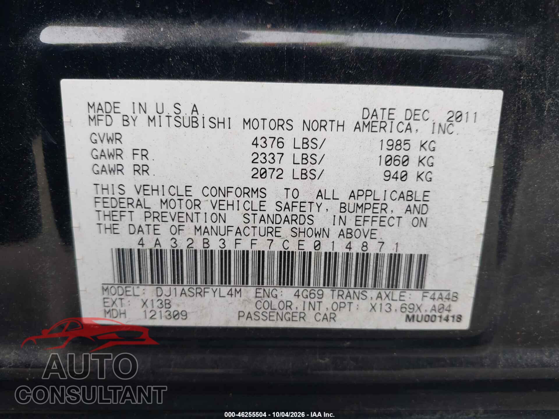 MITSUBISHI GALANT 2012 - 4A32B3FF7CE014871