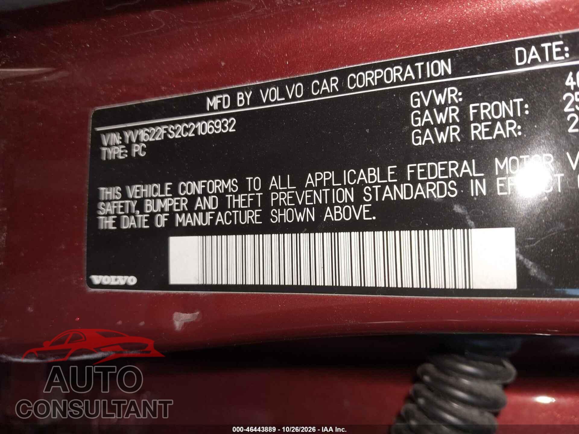 VOLVO S60 2012 - YV1622FS2C2106932