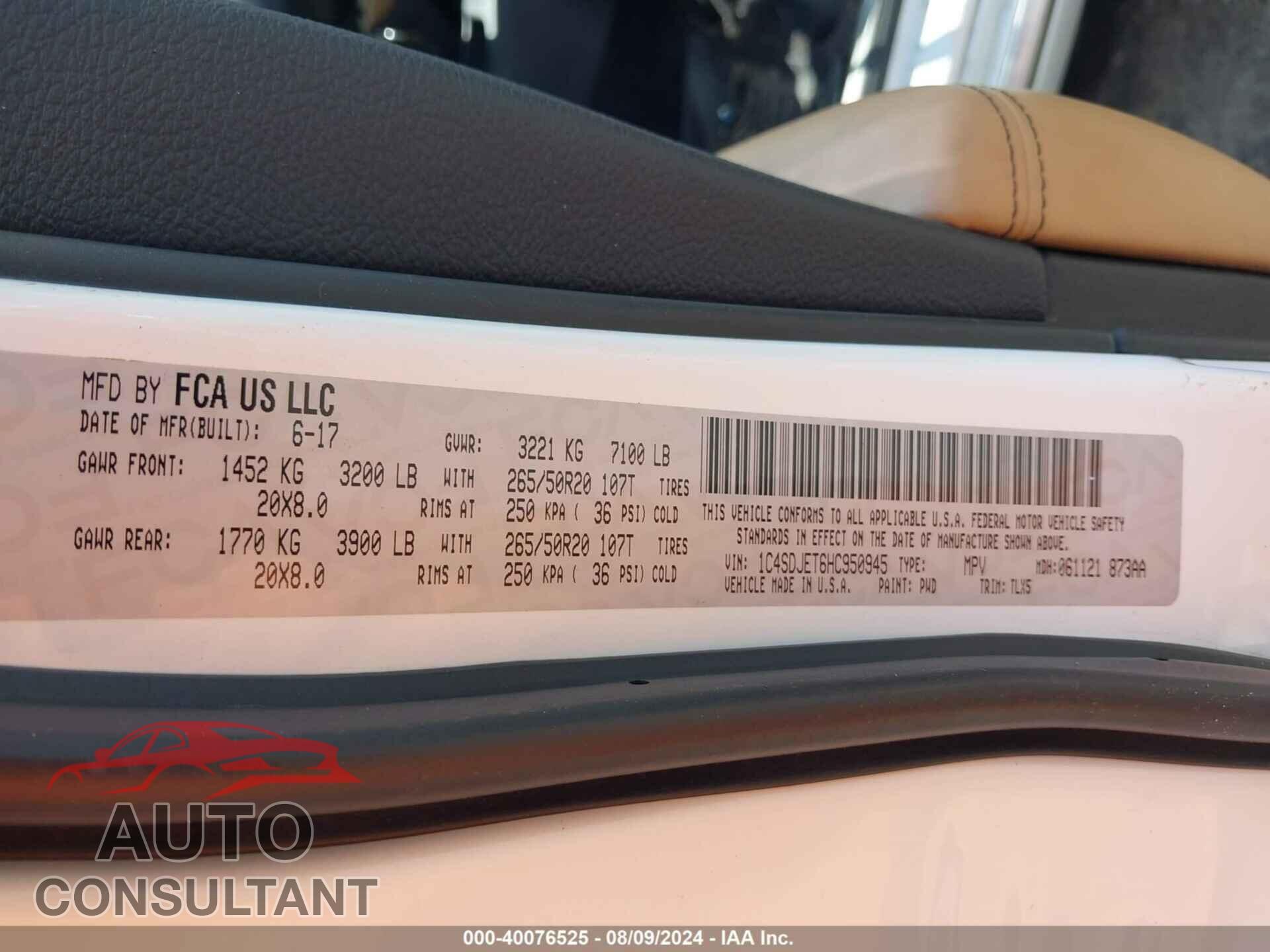 DODGE DURANGO 2017 - 1C4SDJET6HC950945