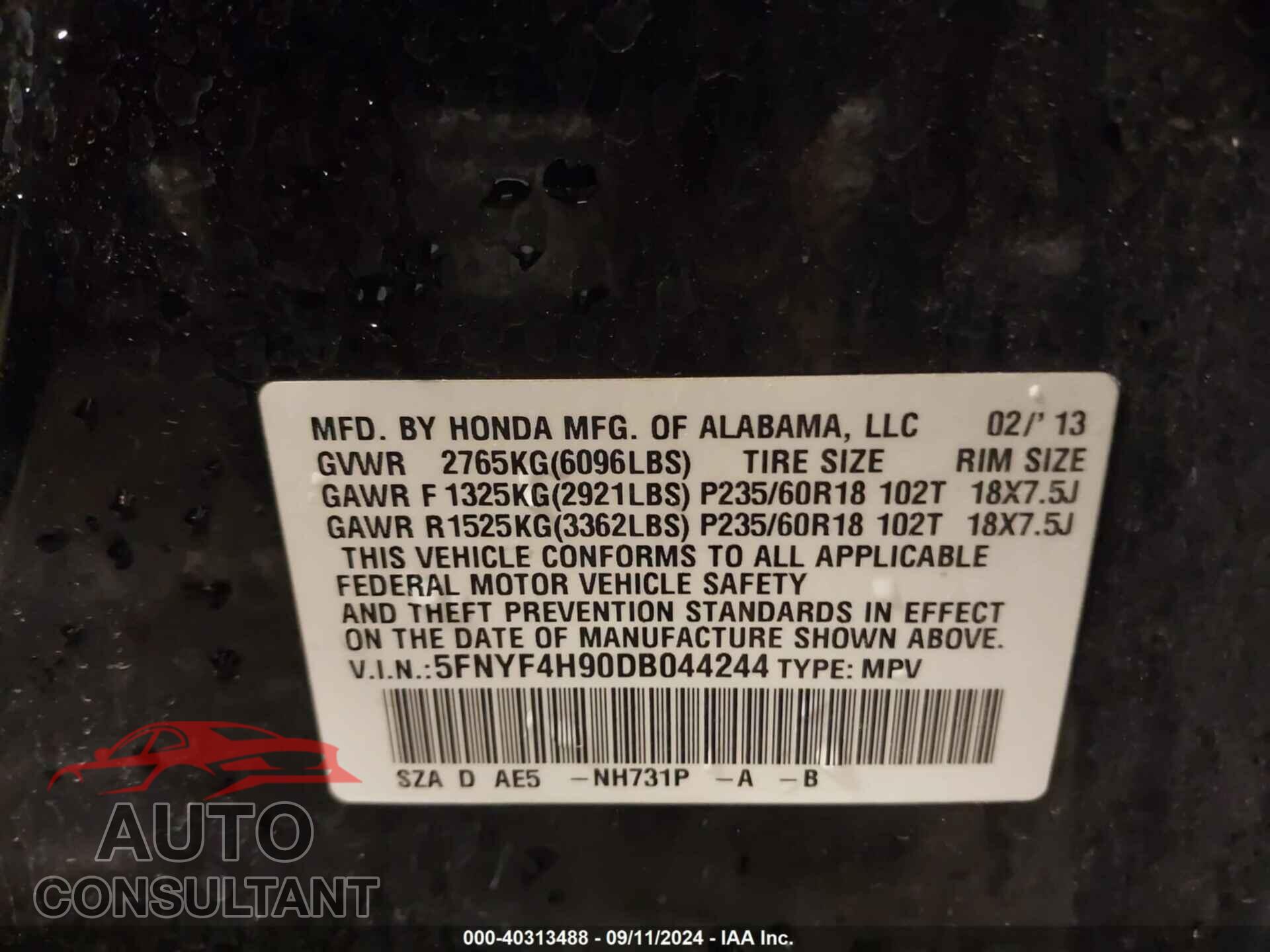 HONDA PILOT 2013 - 5FNYF4H90DB044244