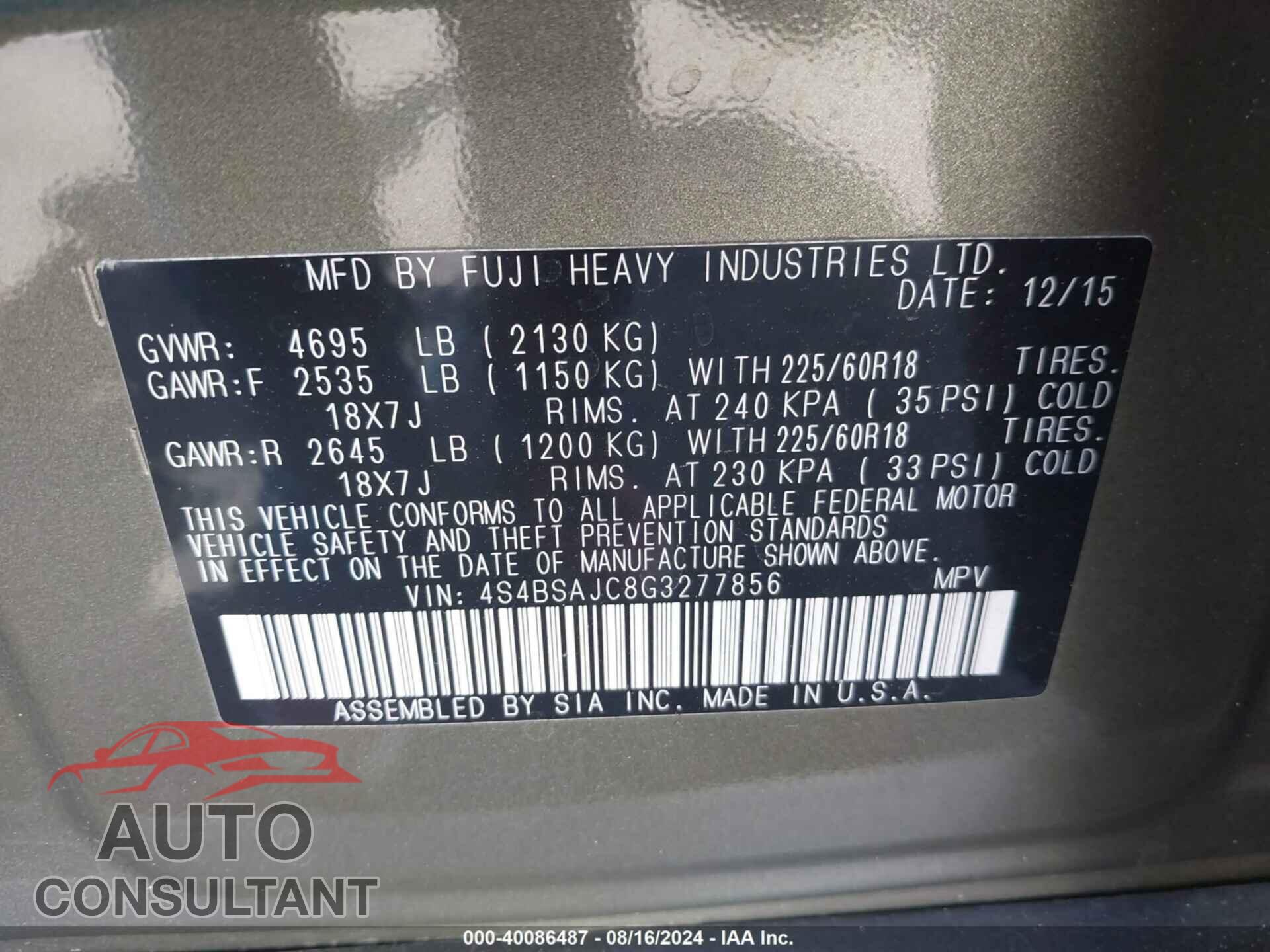 SUBARU OUTBACK 2016 - 4S4BSAJC8G3277856