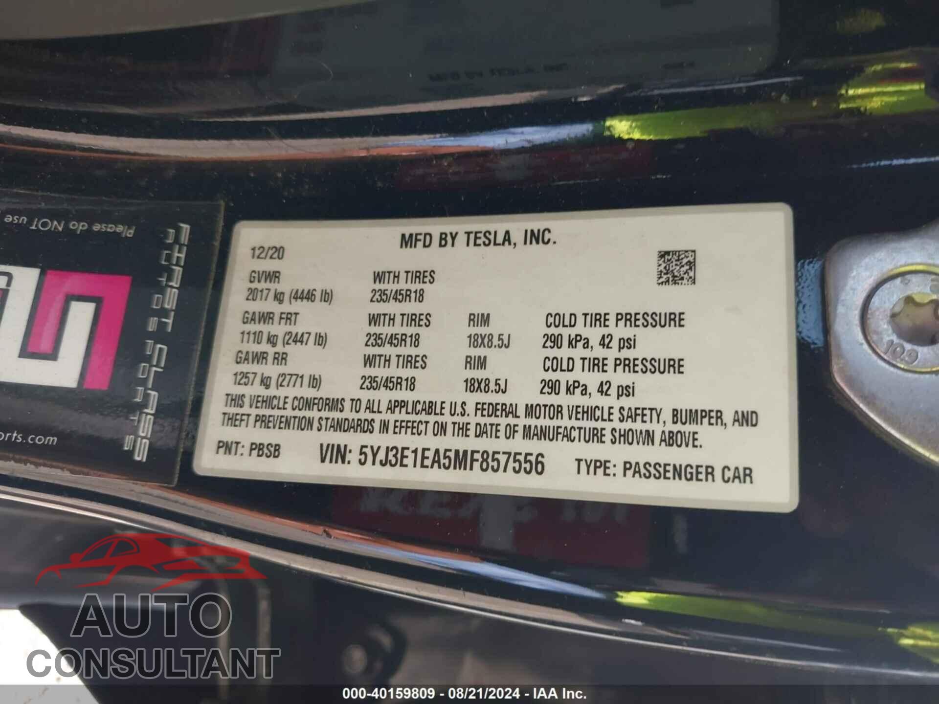 TESLA MODEL 3 2021 - 5YJ3E1EA5MF857556
