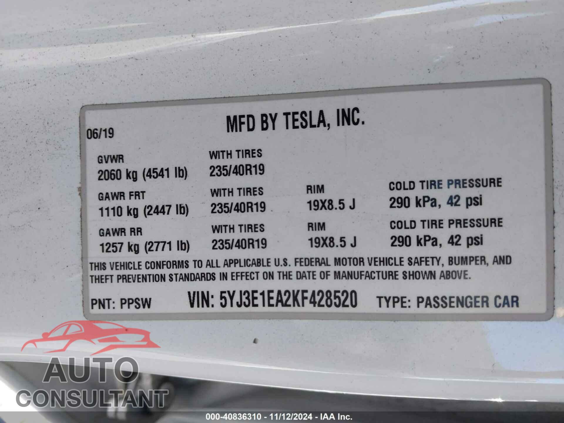 TESLA MODEL 3 2019 - 5YJ3E1EA2KF428520