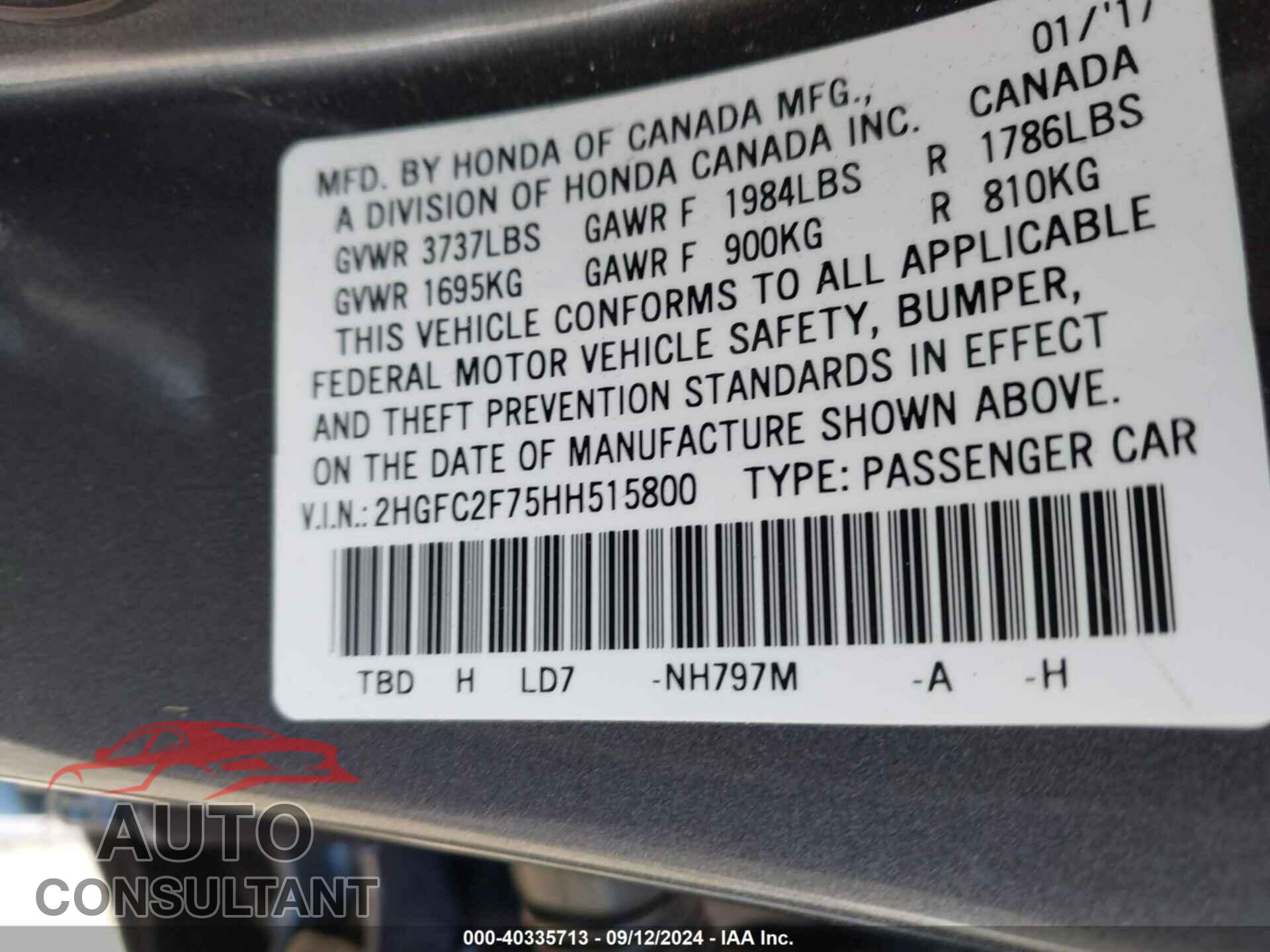 HONDA CIVIC 2017 - 2HGFC2F75HH515800