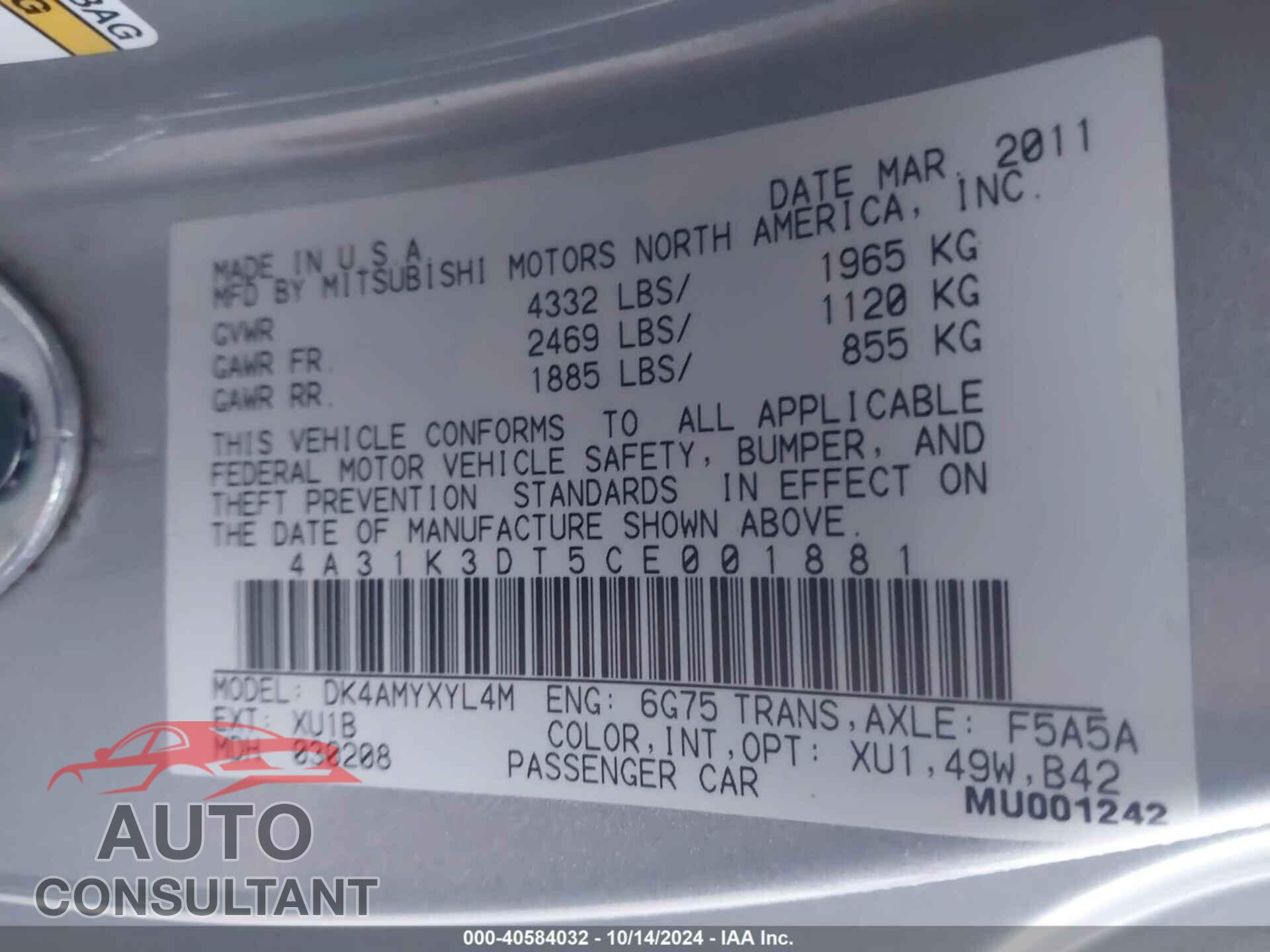 MITSUBISHI ECLIPSE 2012 - 4A31K3DT5CE001881