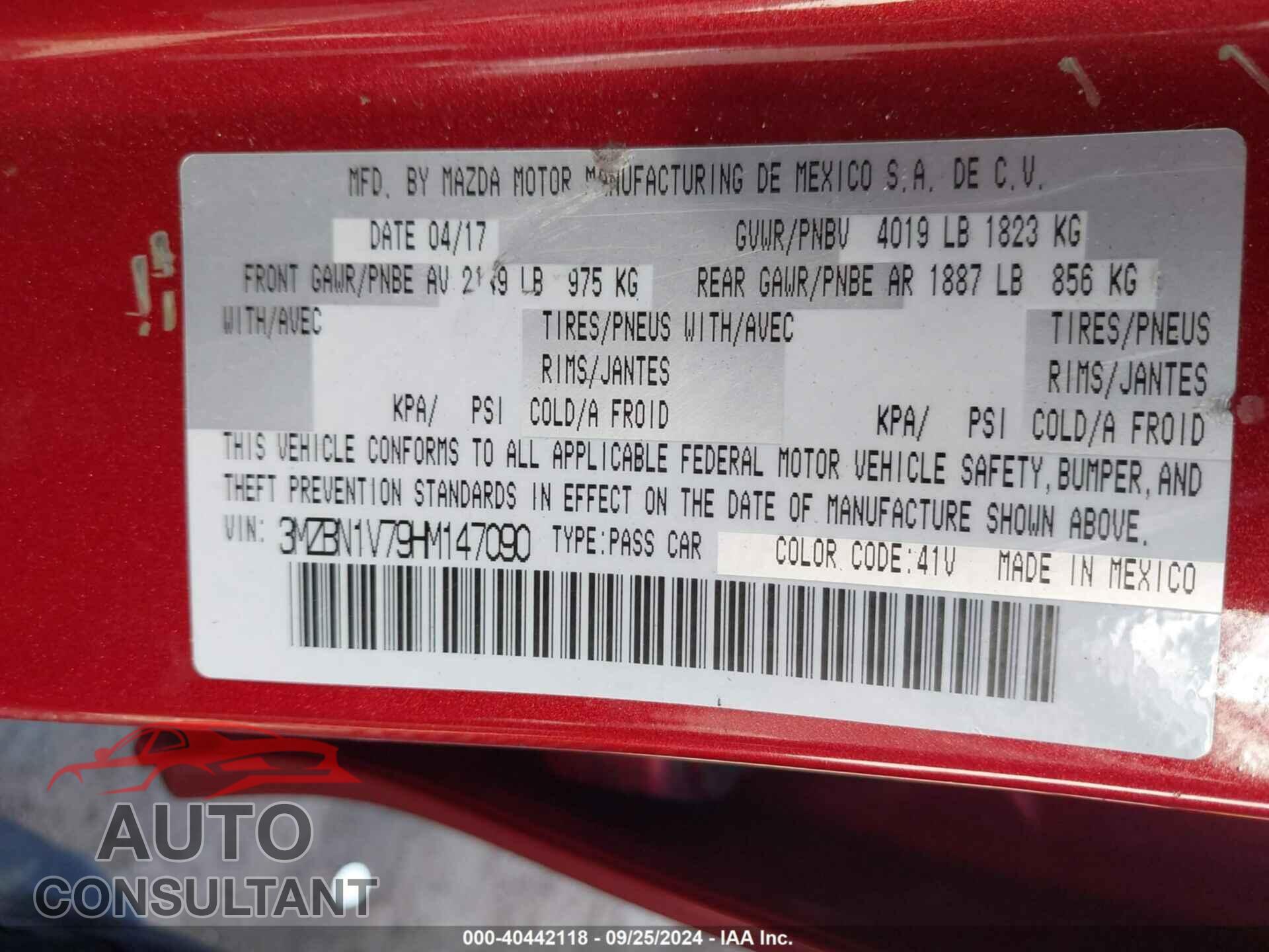MAZDA 3 2017 - 3MZBN1V79HM147090