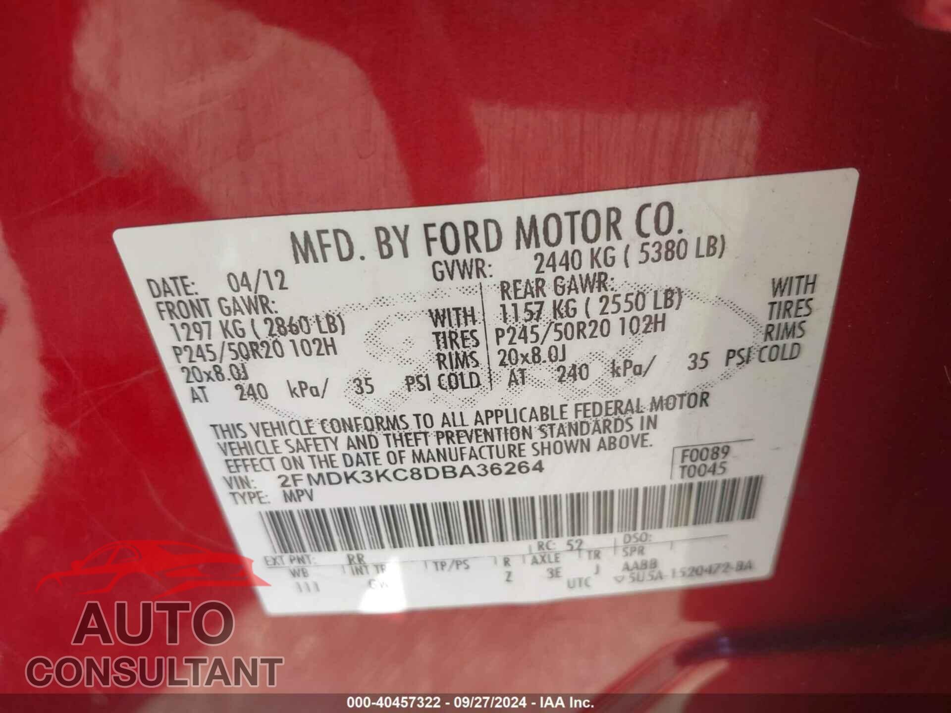 FORD EDGE 2013 - 2FMDK3KC8DBA36264