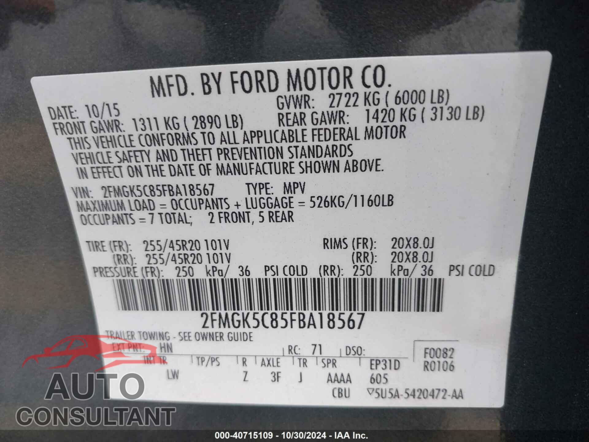 FORD FLEX 2015 - 2FMGK5C85FBA18567