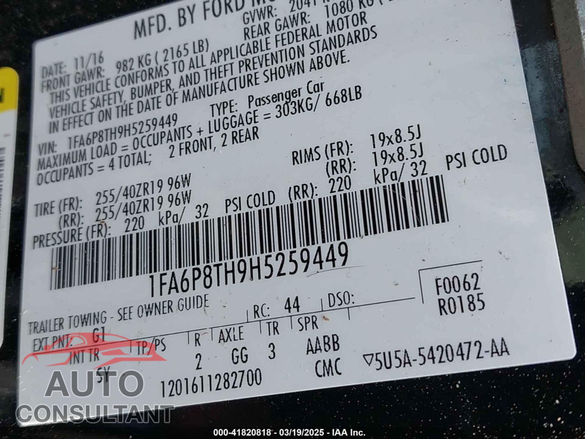 FORD MUSTANG 2017 - 1FA6P8TH9H5259449