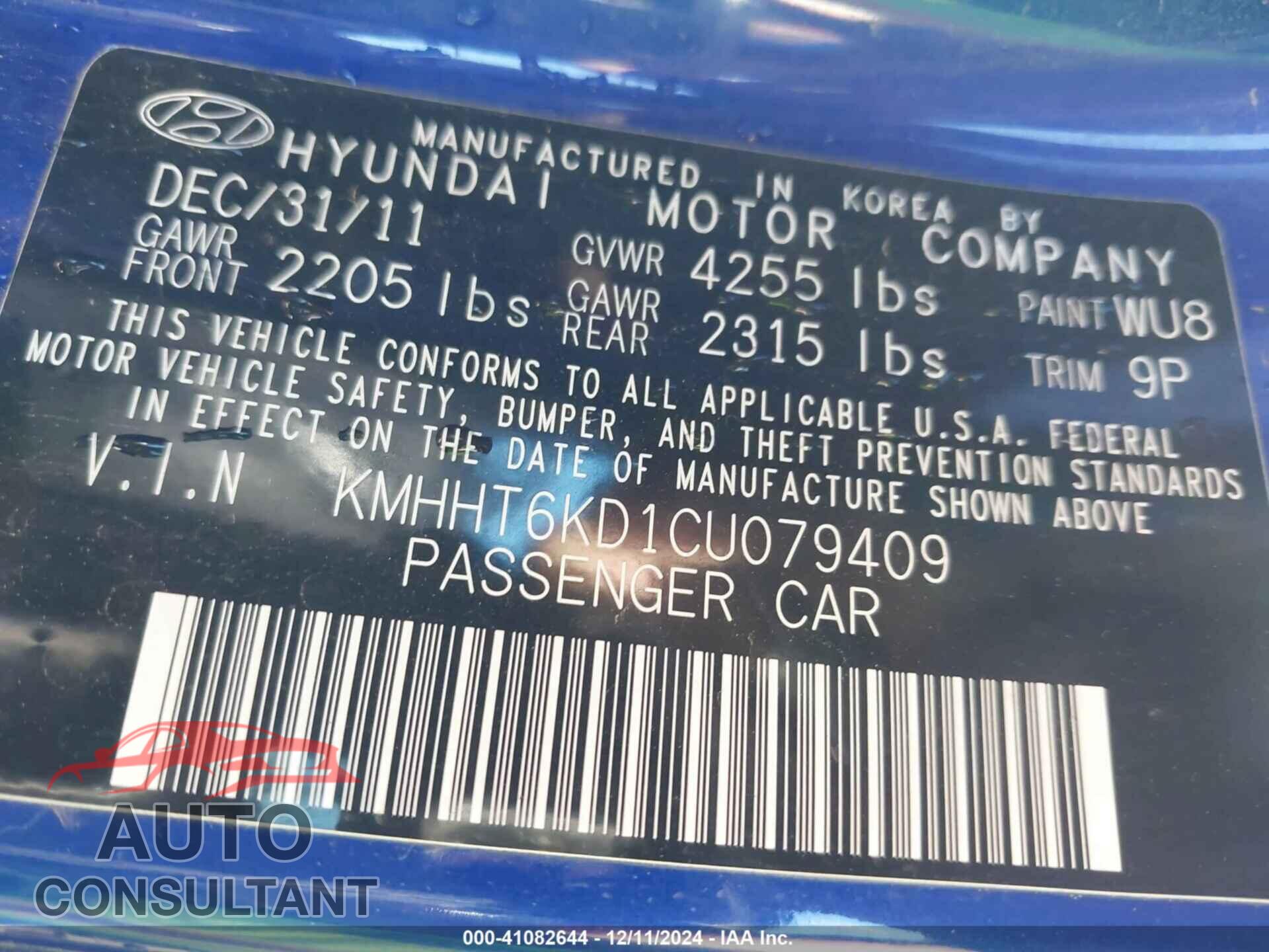 HYUNDAI GENESIS 2012 - KMHHT6KD1CU079409
