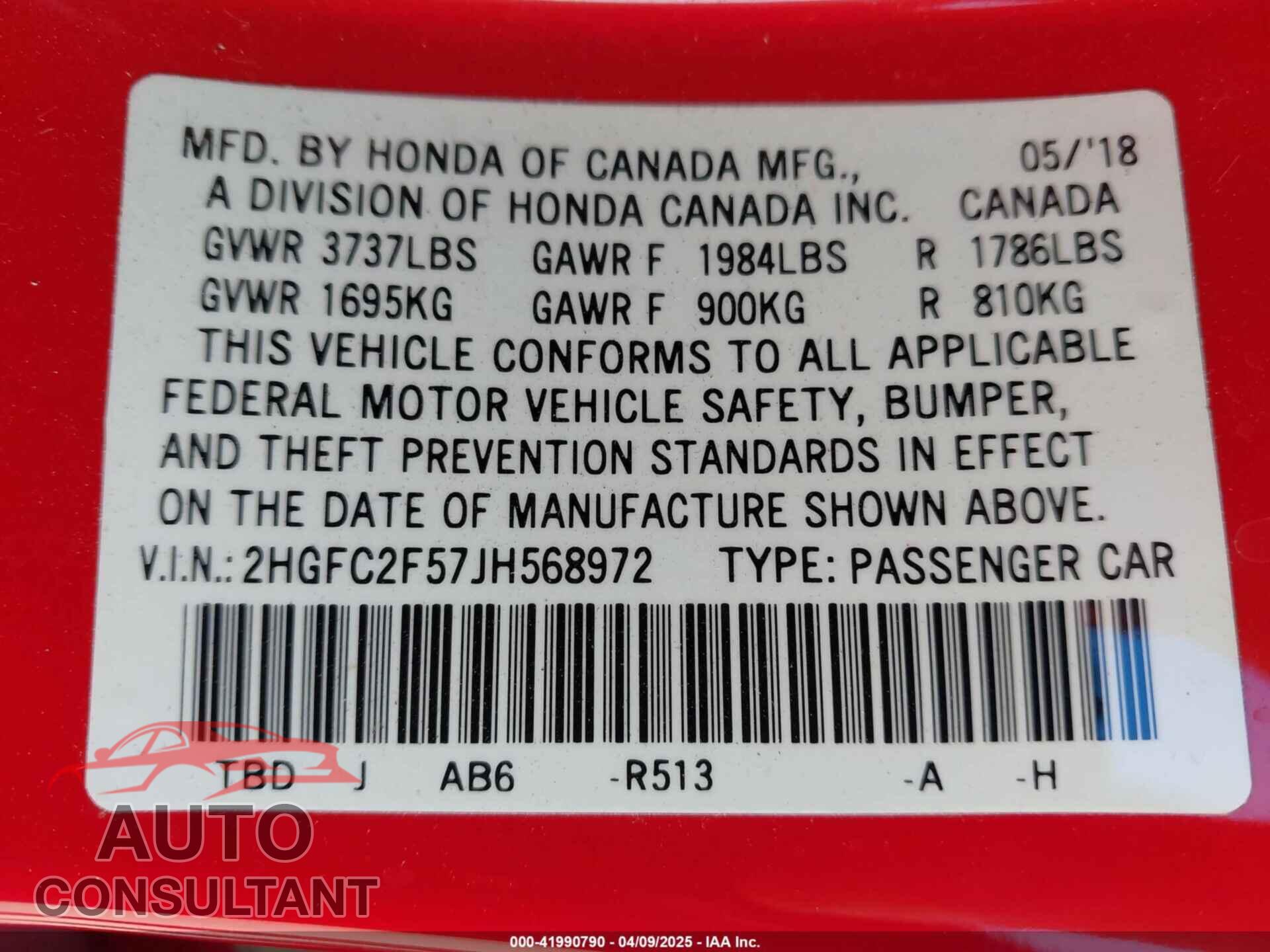 HONDA CIVIC 2018 - 2HGFC2F57JH568972