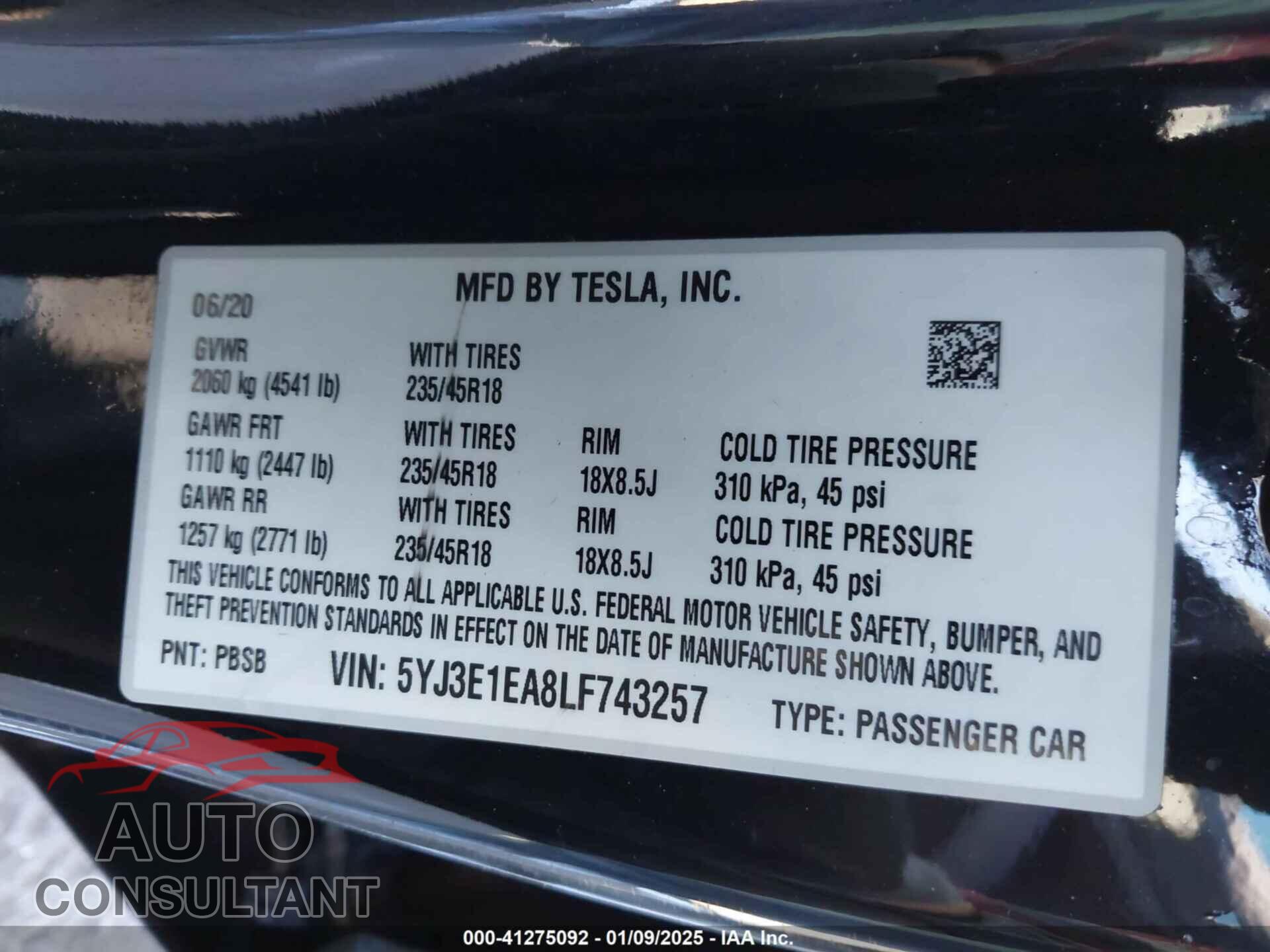 TESLA MODEL 3 2020 - 5YJ3E1EA8LF743257