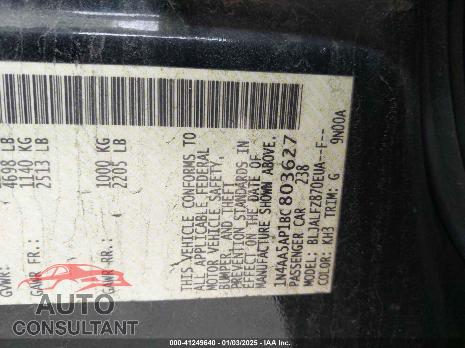 NISSAN MAXIMA 2011 - 1N4AA5AP1BC803627