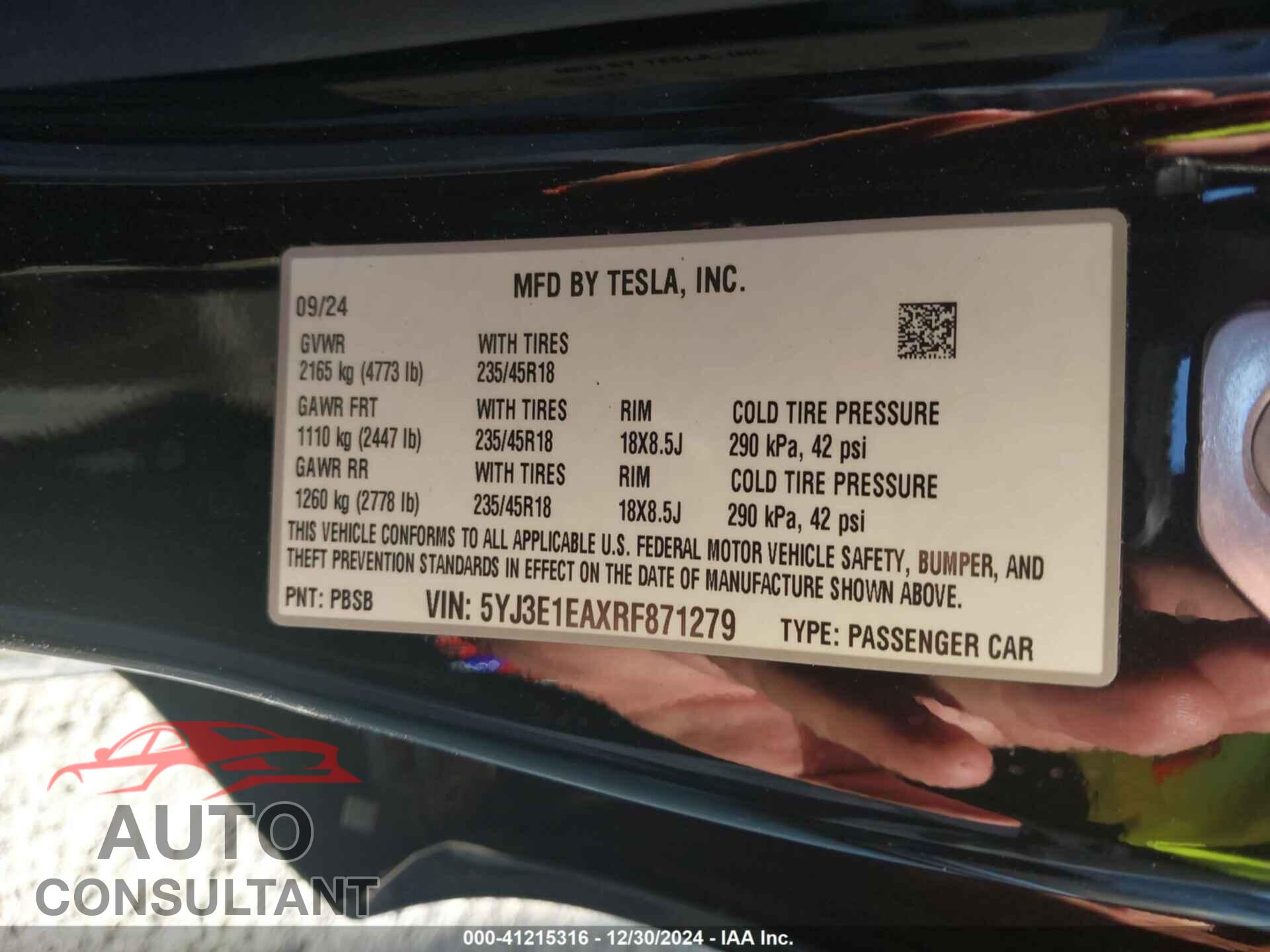 TESLA MODEL 3 2024 - 5YJ3E1EAXRF871279