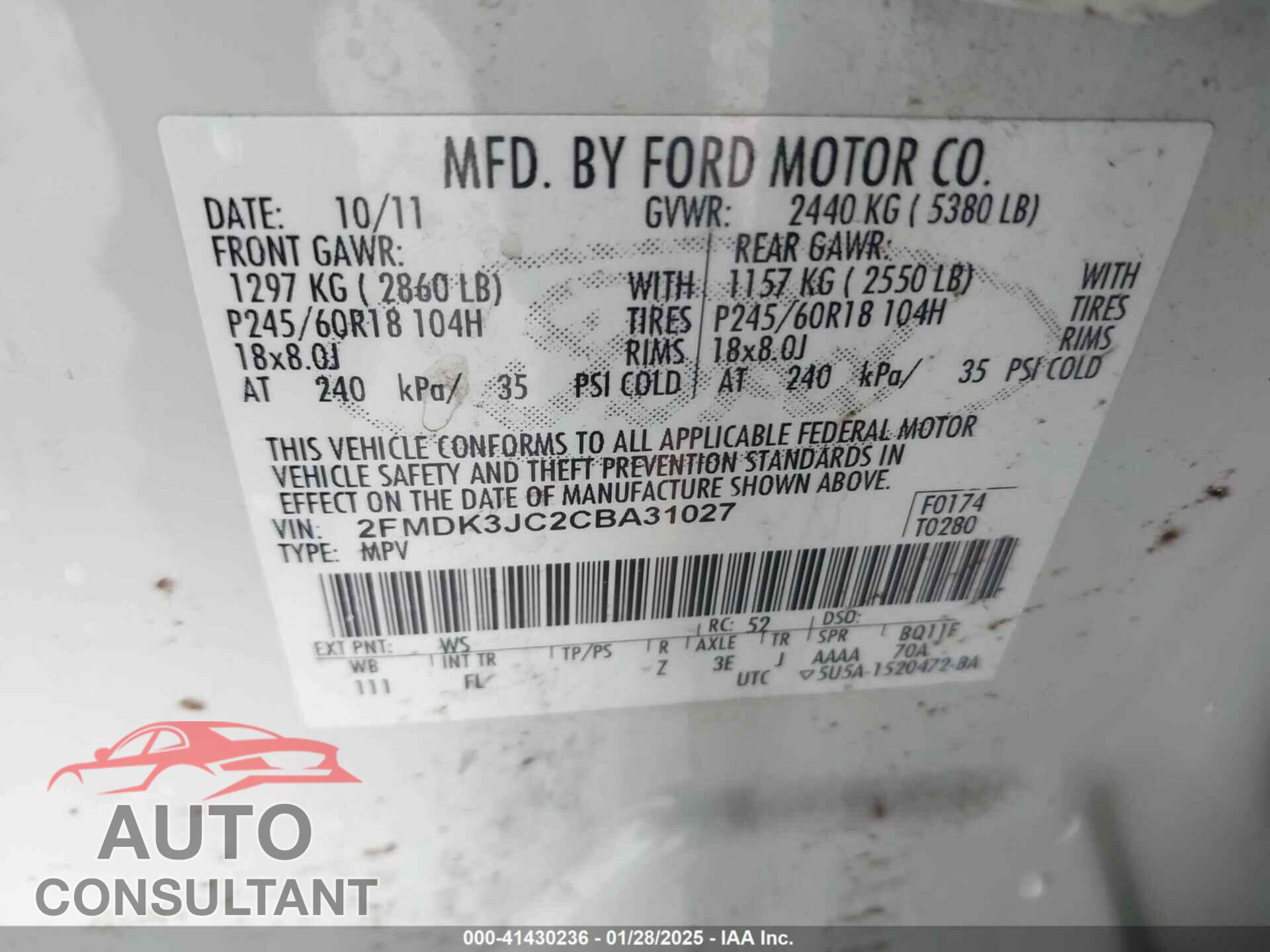 FORD EDGE 2012 - 2FMDK3JC2CBA31027