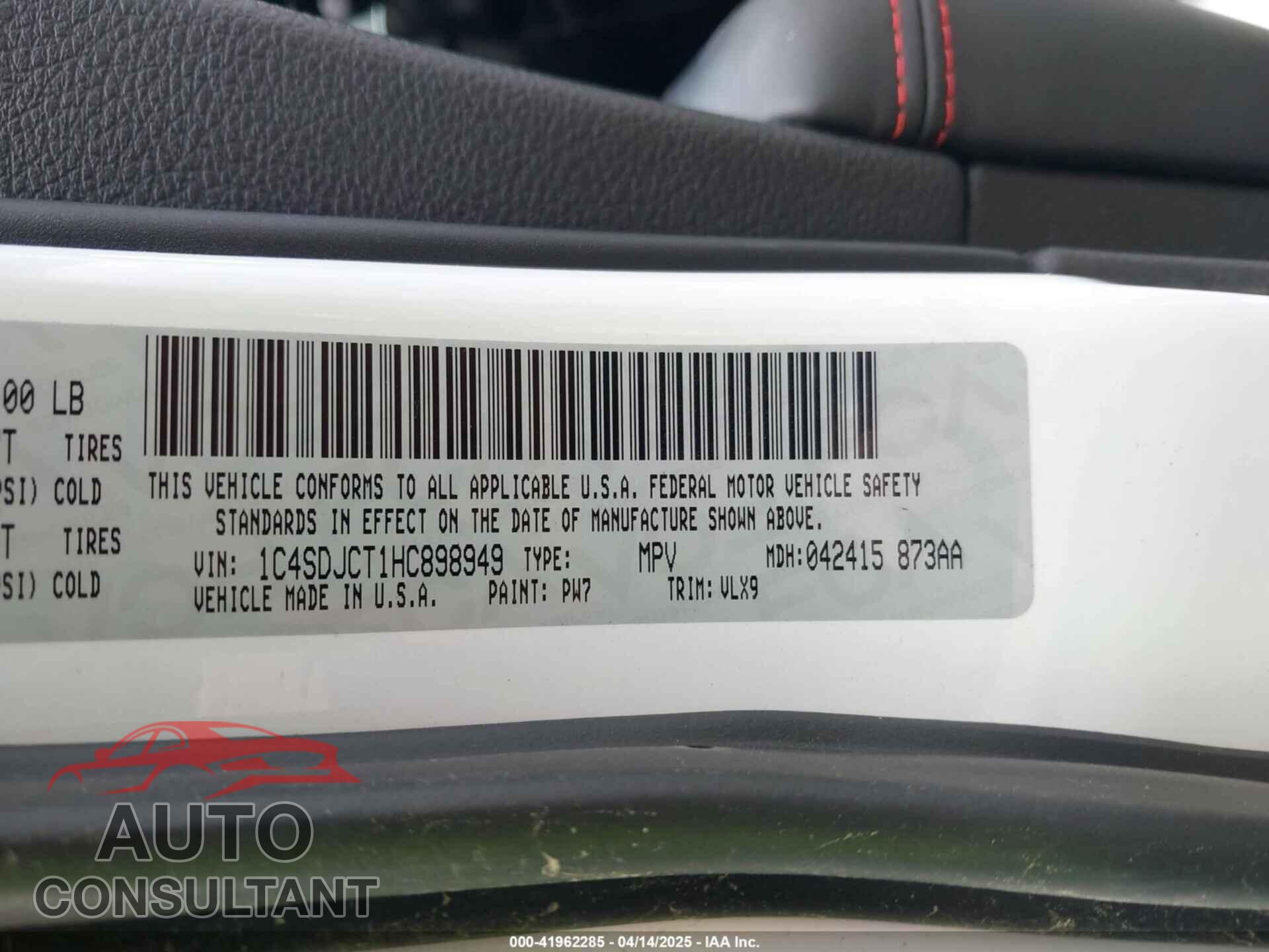 DODGE DURANGO 2017 - 1C4SDJCT1HC898949