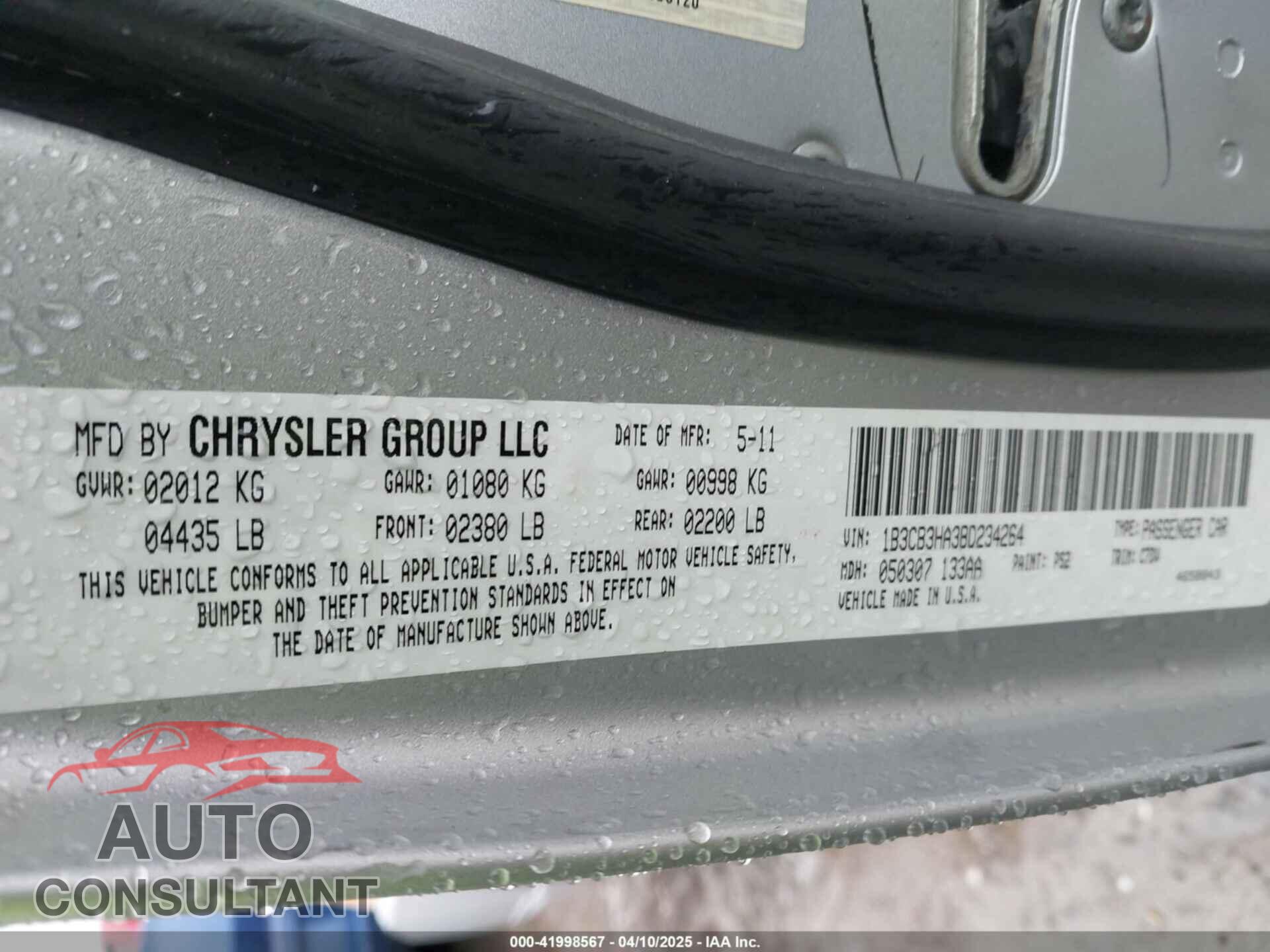 DODGE CALIBER 2011 - 1B3CB3HA3BD234264