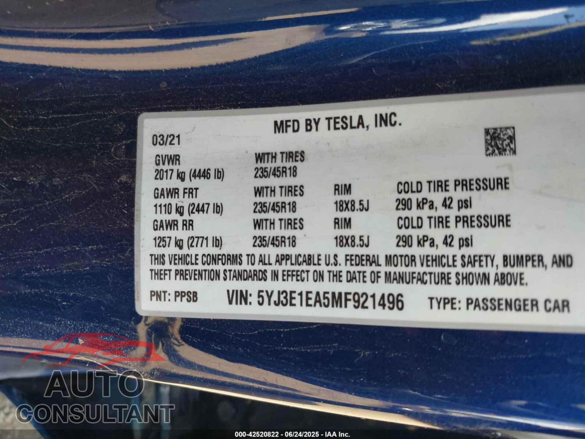 TESLA MODEL 3 2021 - 5YJ3E1EA5MF921496