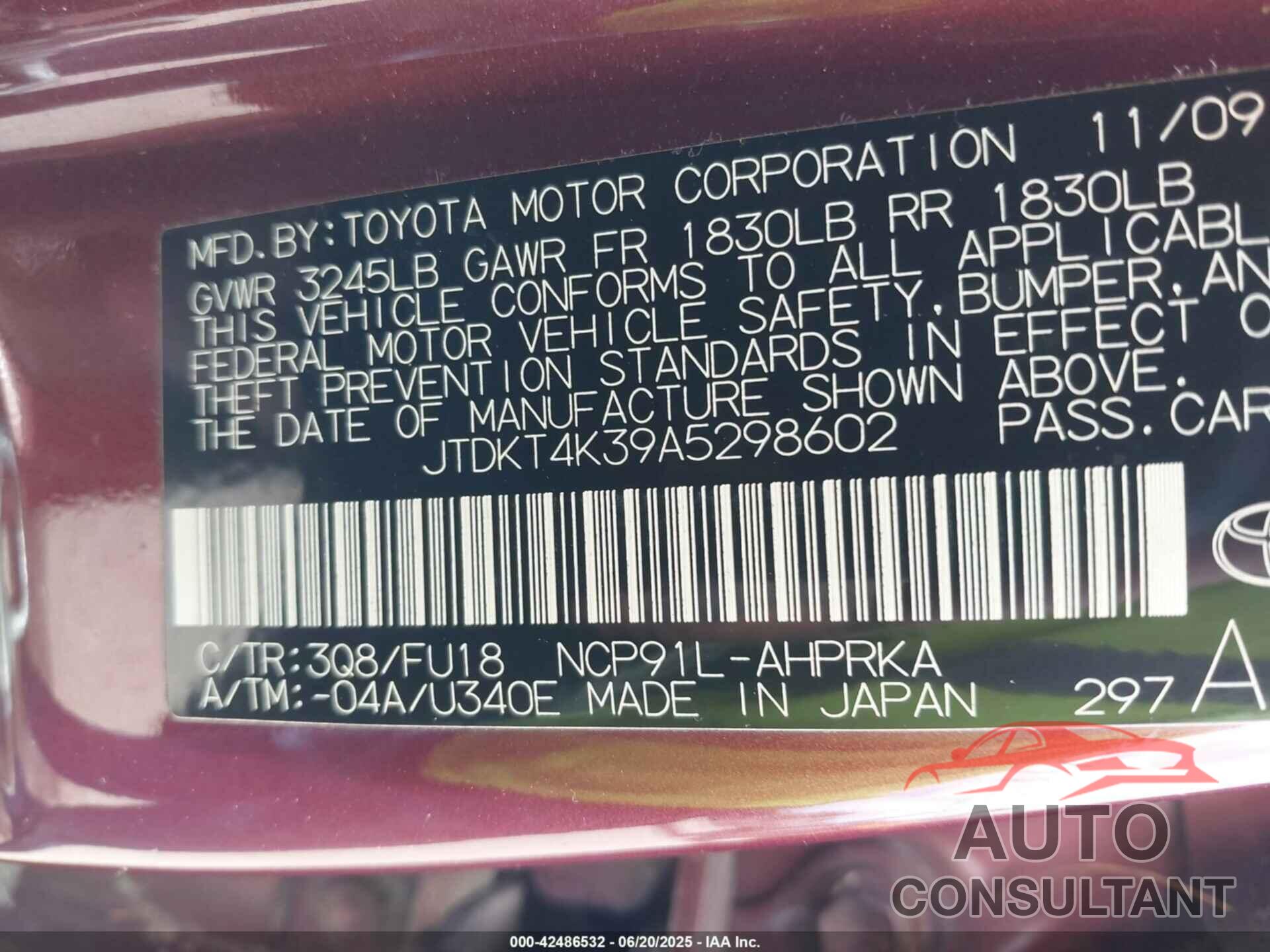 TOYOTA YARIS 2010 - JTDKT4K39A5298602