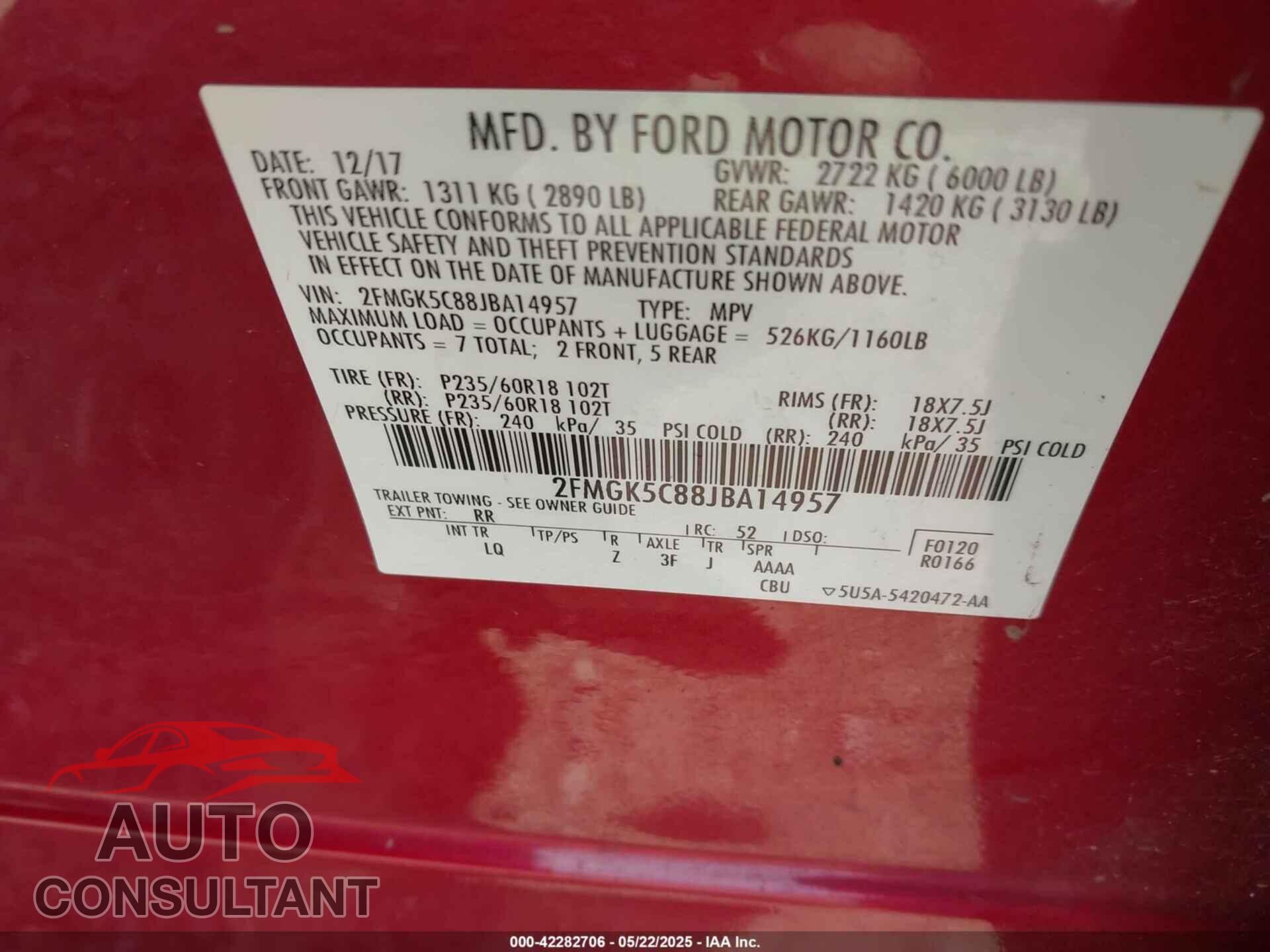 FORD FLEX 2018 - 2FMGK5C88JBA14957