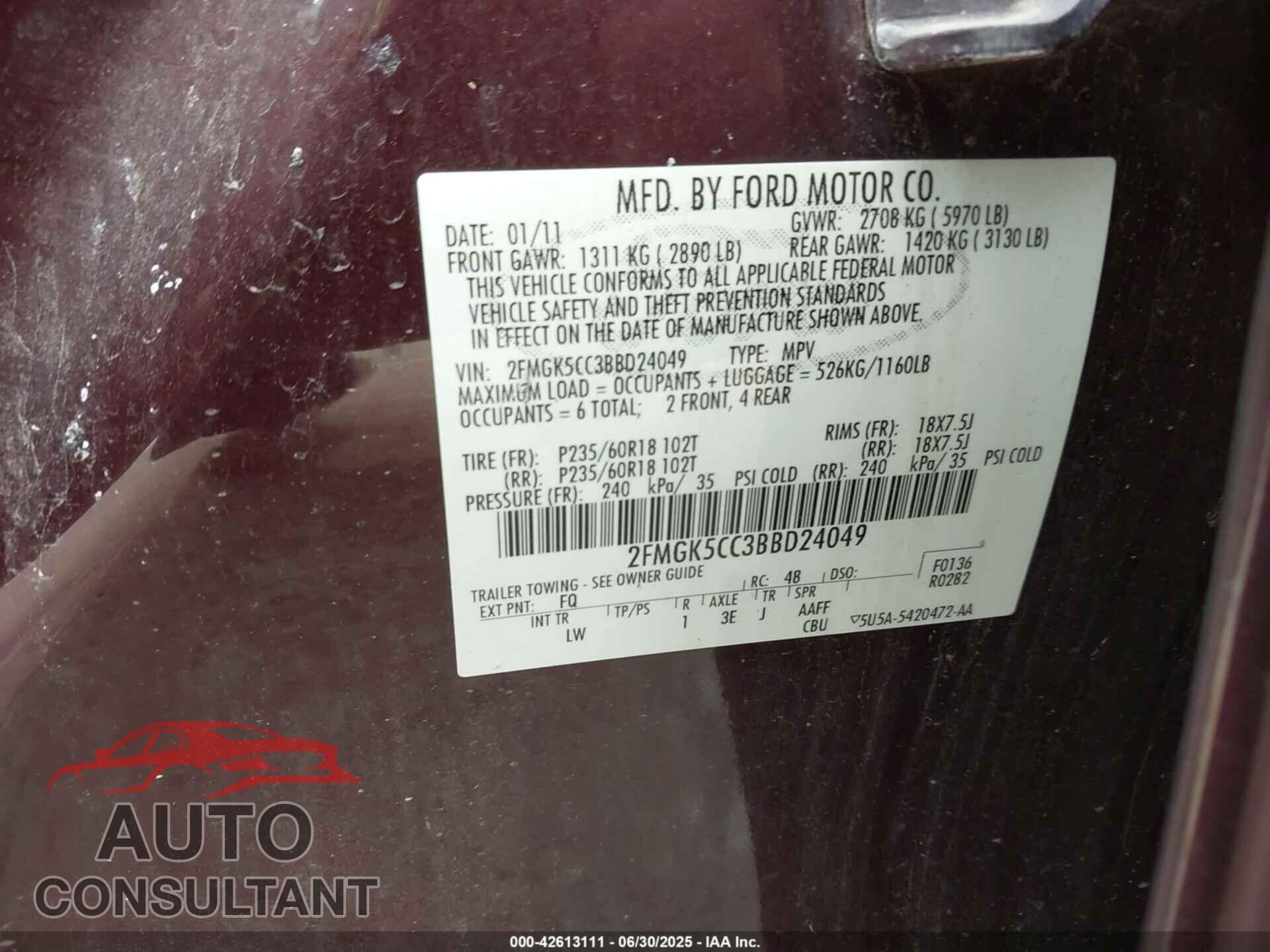 FORD FLEX 2011 - 2FMGK5CC3BBD24049