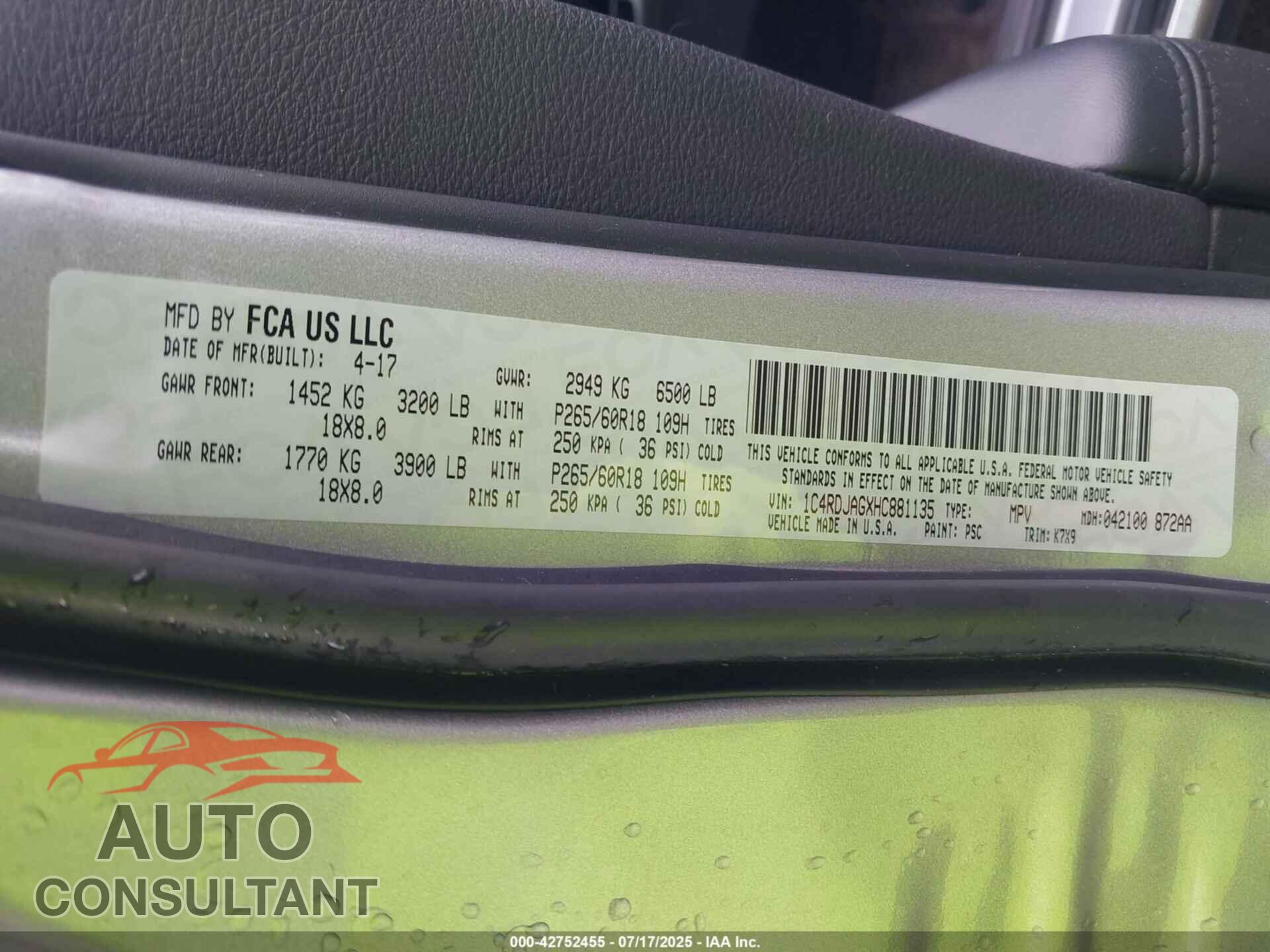 DODGE DURANGO 2017 - 1C4RDJAGXHC881135