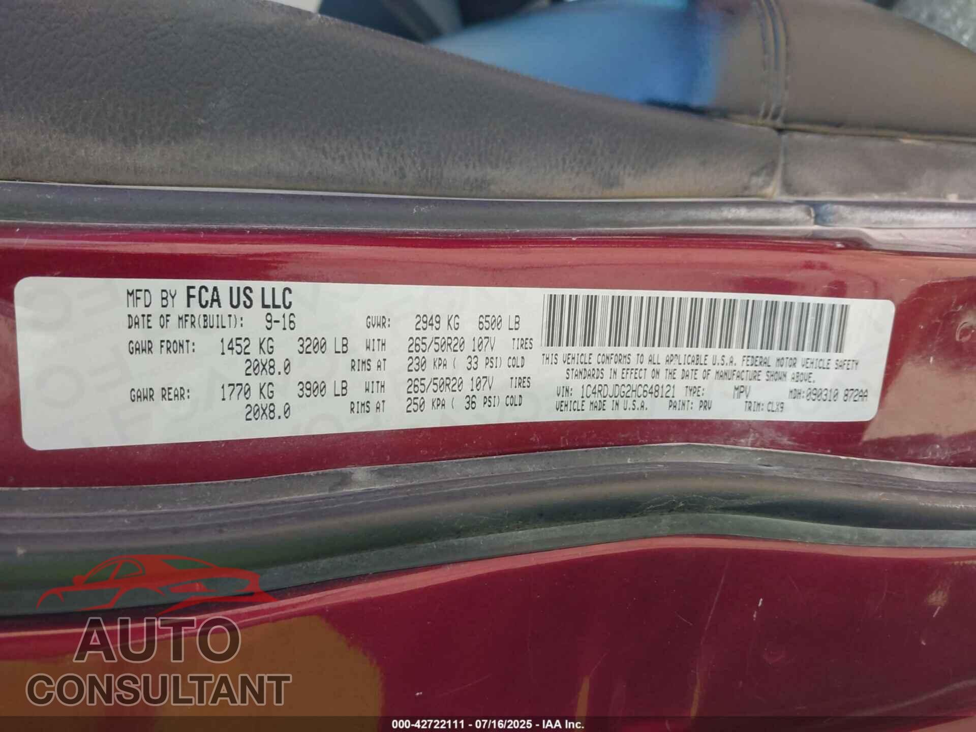 DODGE DURANGO 2017 - 1C4RDJDG2HC648121